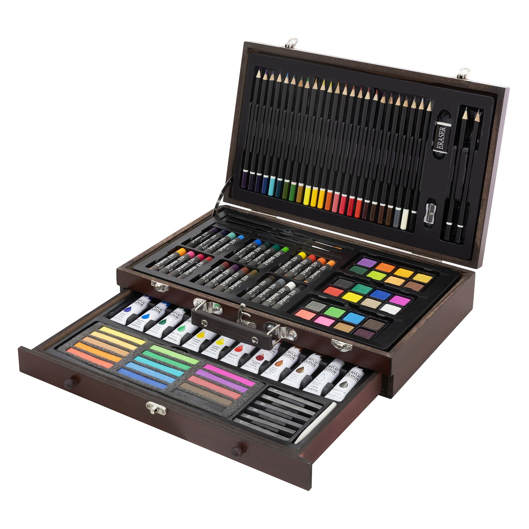 A wooden box with various painting supplies and colors.