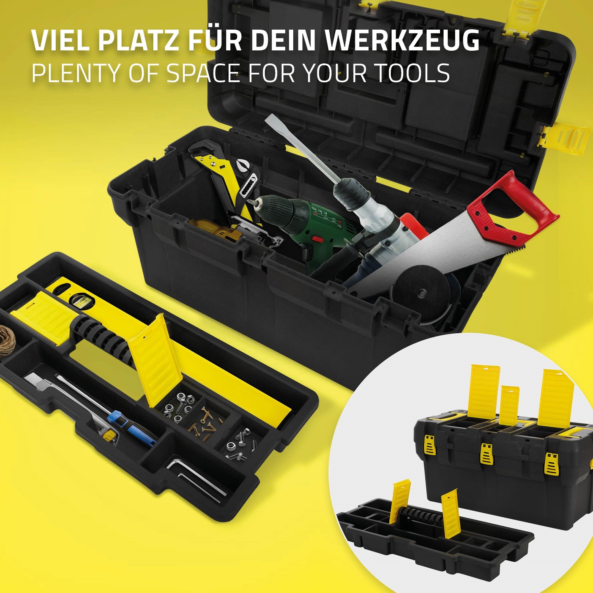 Black toolbox with yellow compartments and tools on a yellow background.
