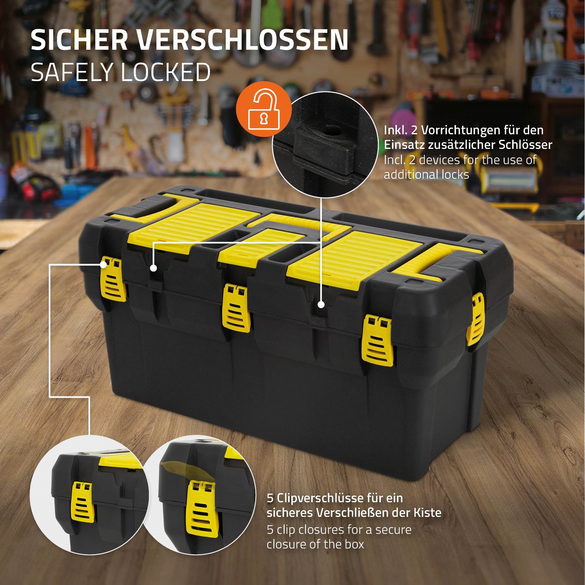 Securely locked toolbox with yellow clips.