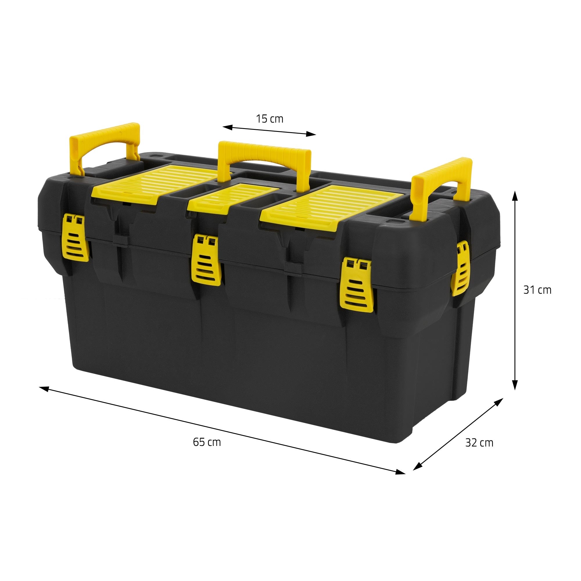 Toolbox with dimensions and two handles.