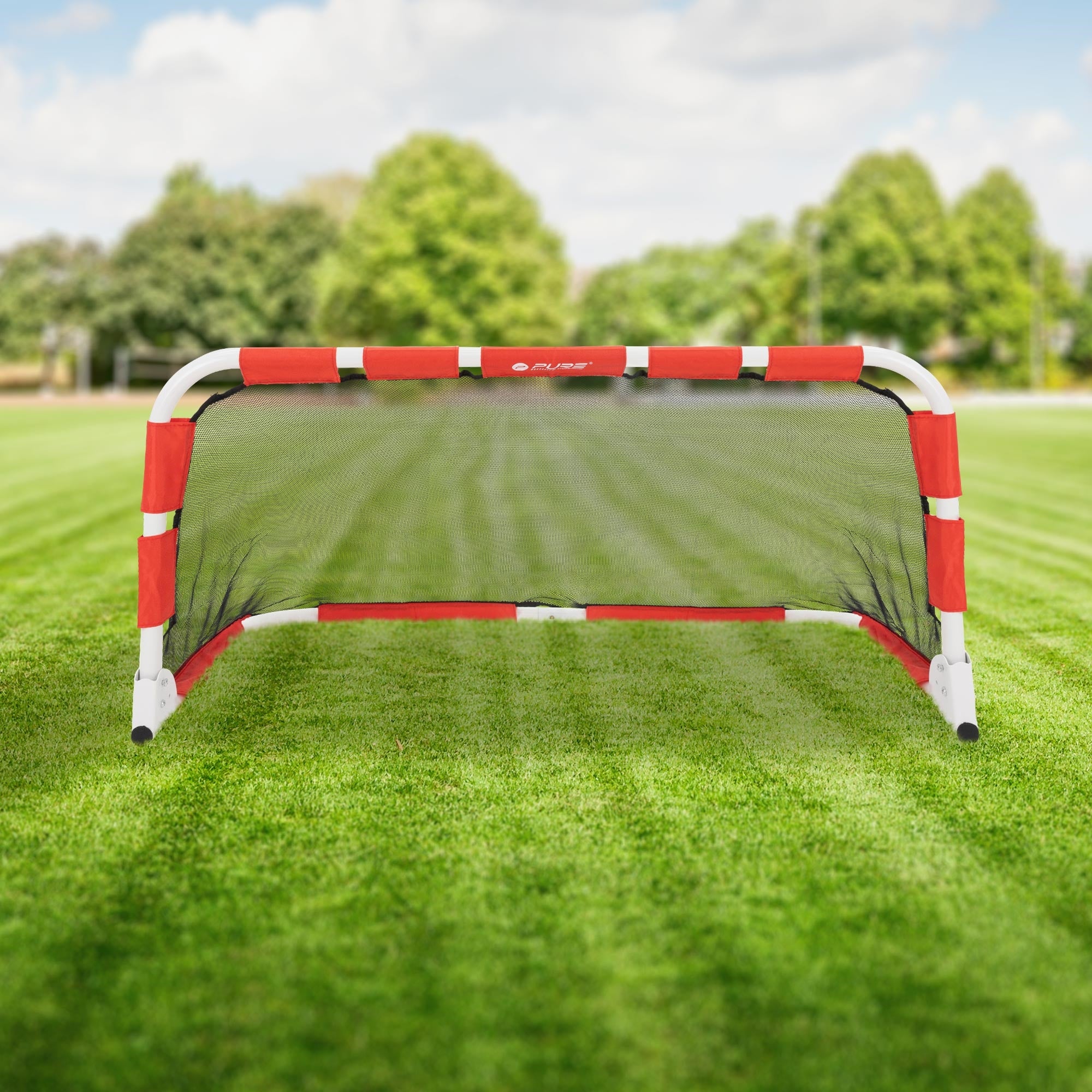 Ein Fußballtor mit rotem Netz auf einem grünen Rasenplatz.
