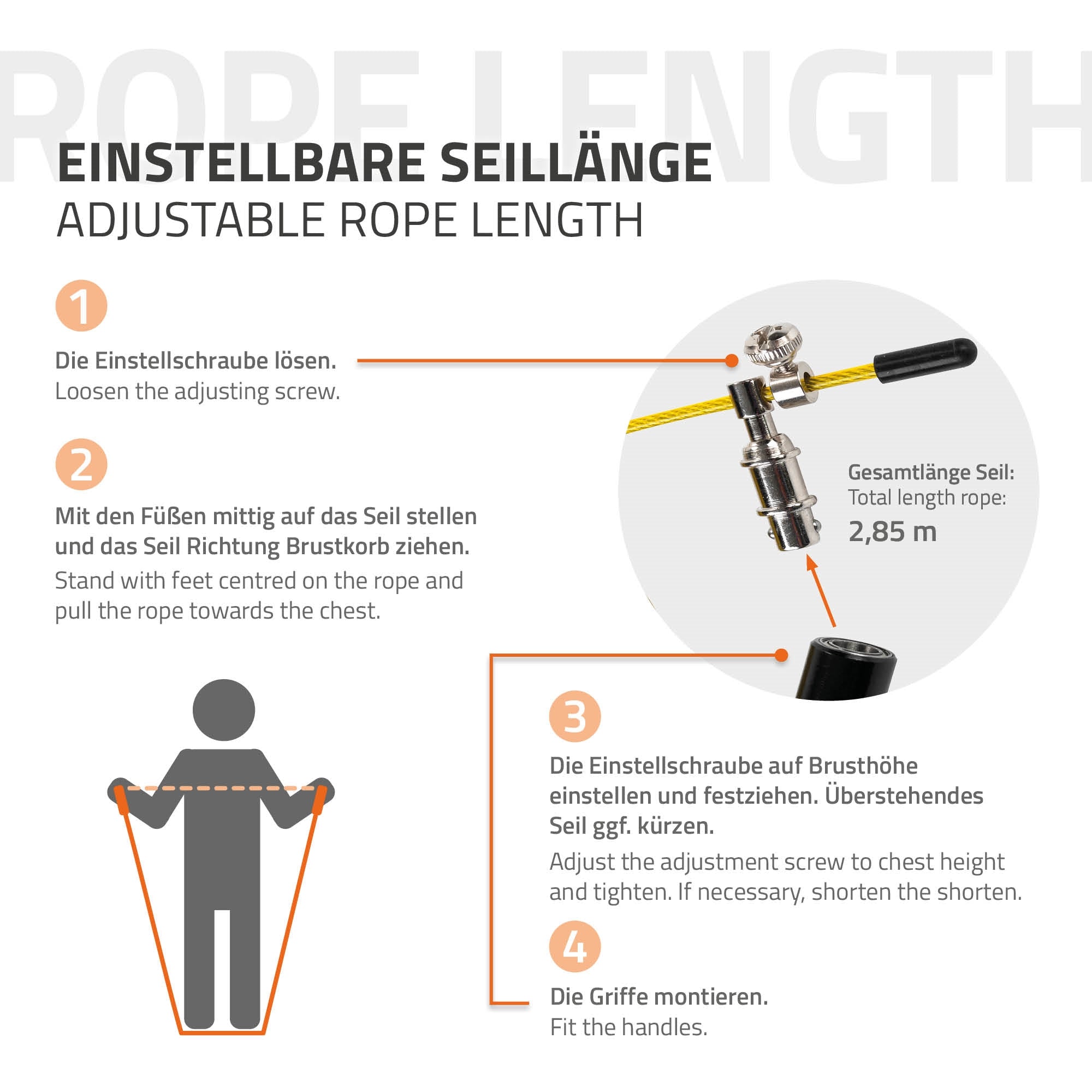 Diagramm zur einstellbaren Seillänge mit Anweisungen und Abbildung eines Seilmechanismus.