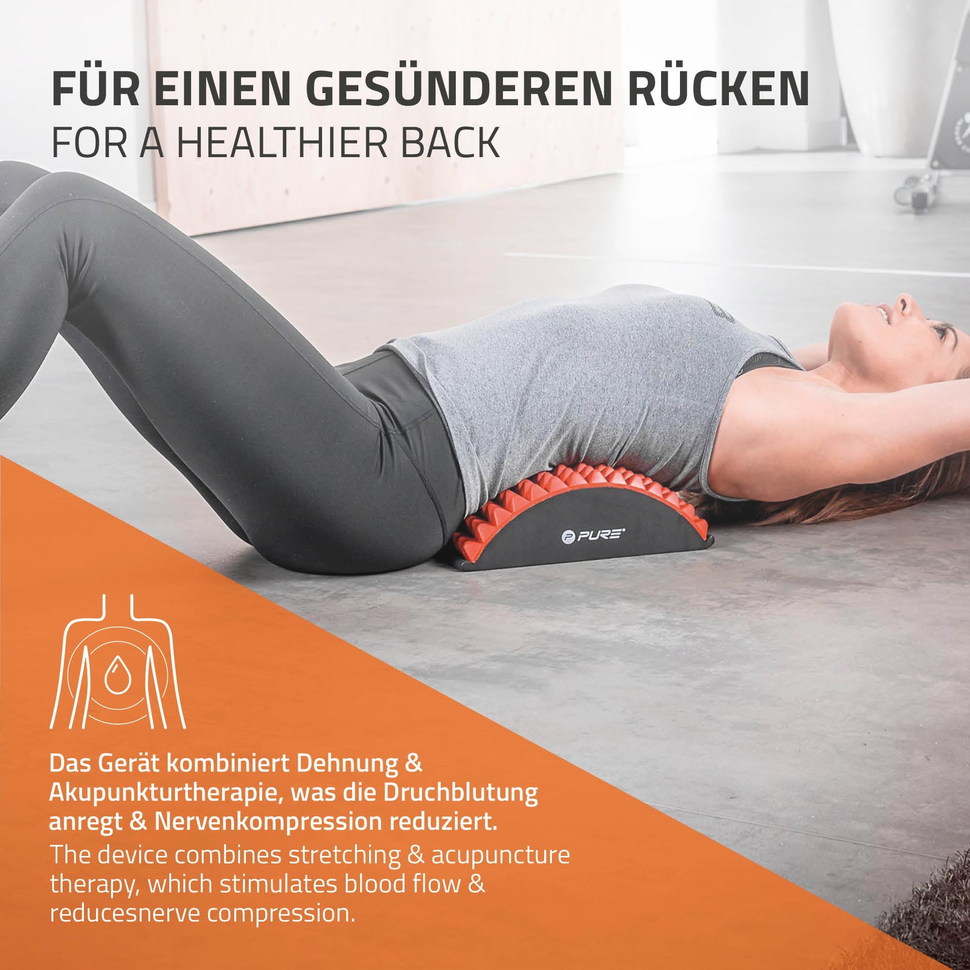 Gerät zur Rückenentspannung mit Beschreibung zur Anwendung auf einem Untergrund.