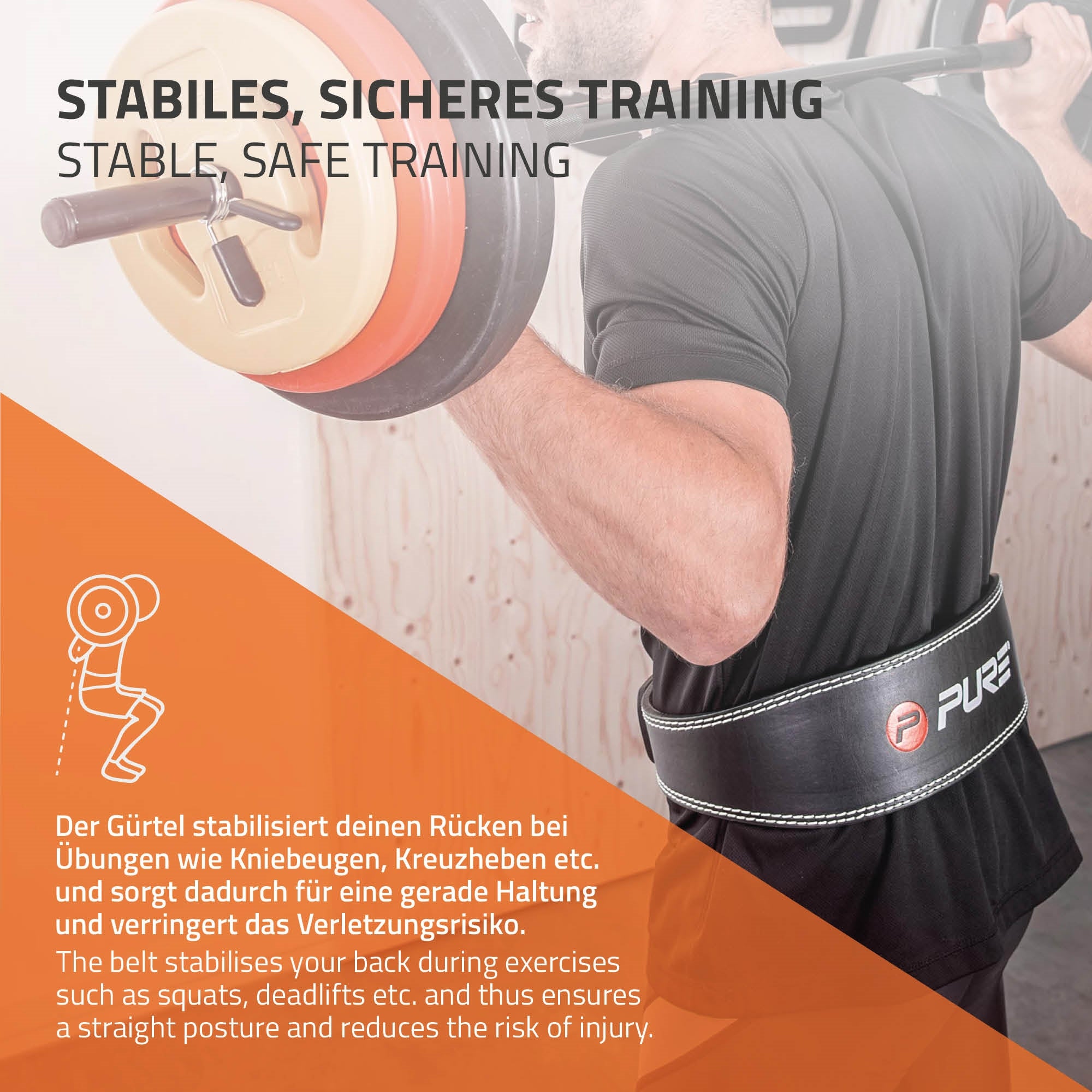 Mann mit Gewichthebergürtel beim Training, der Gürtel stabilisiert den Rücken.