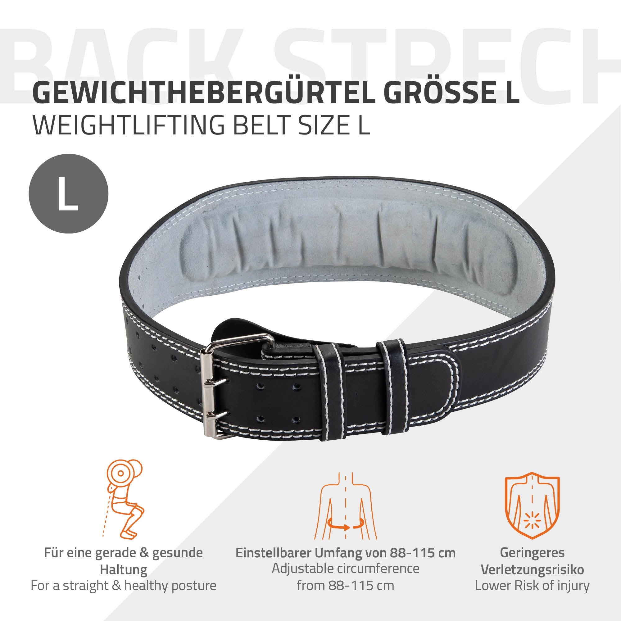 Grafik eines Gewichthebergürtels in Größe L mit Beschreibung.