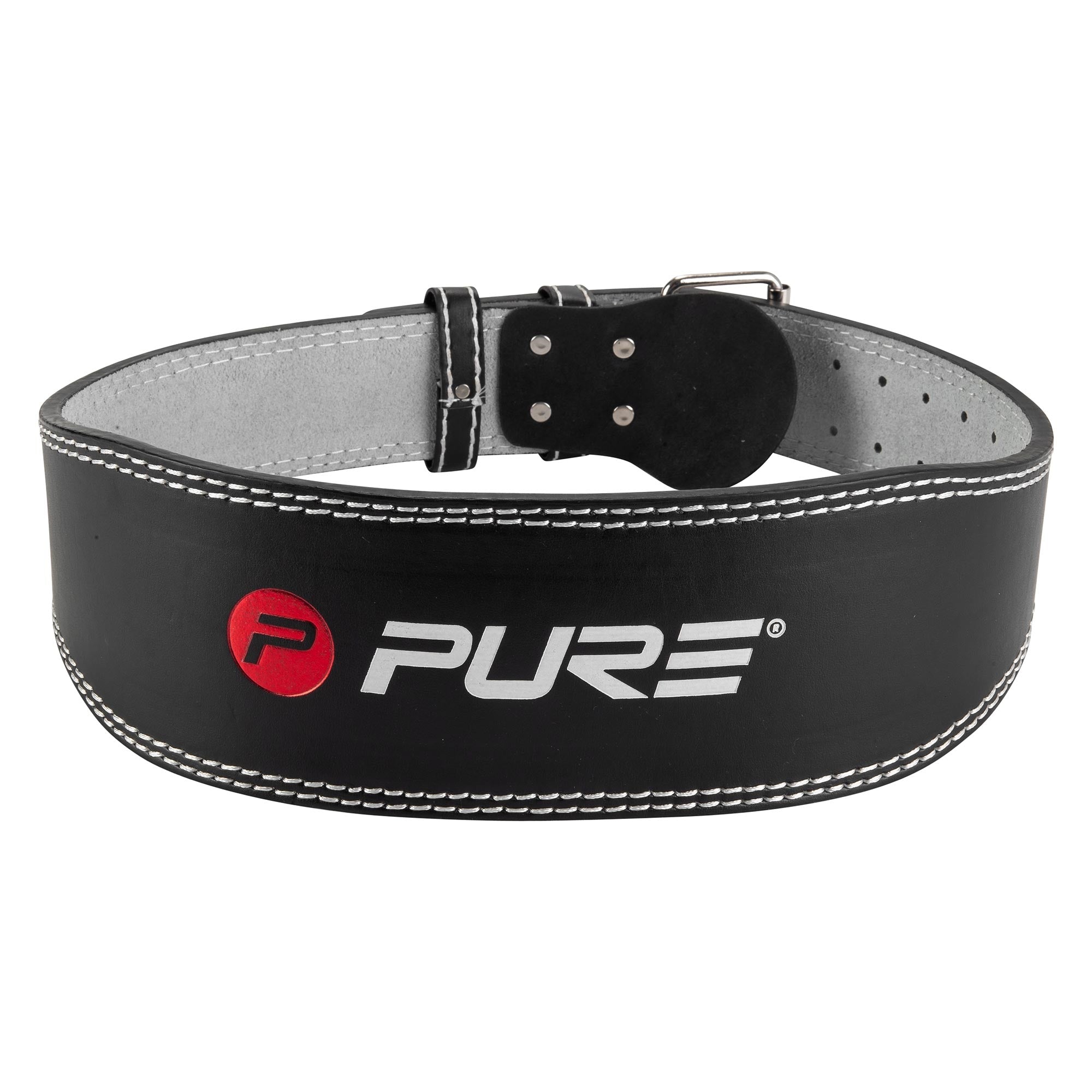 Ein schwarzer Gewichthebergürtel mit dem Logo 'PURE'.