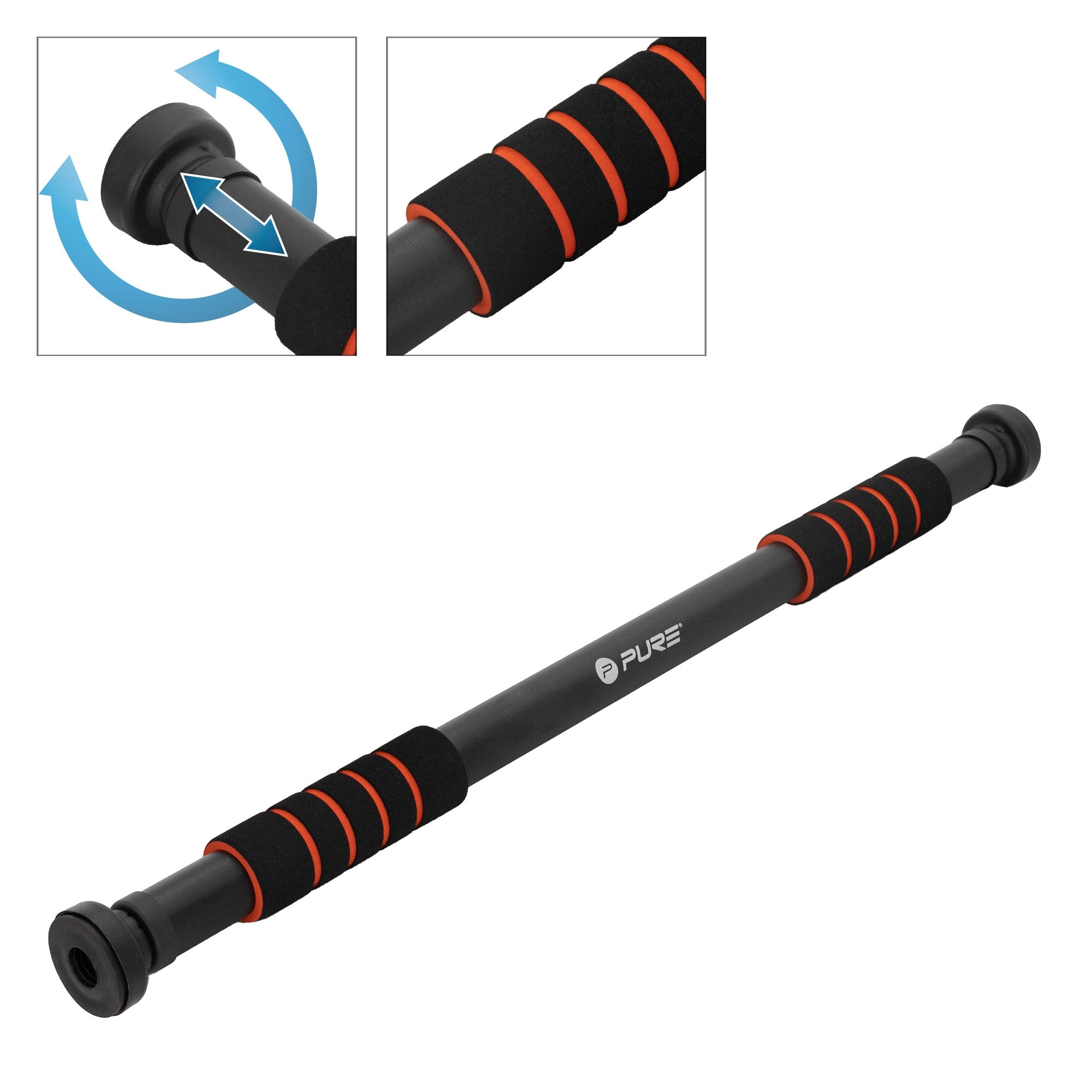 Black pull-up bar with non-slip grips and adjustable ends.