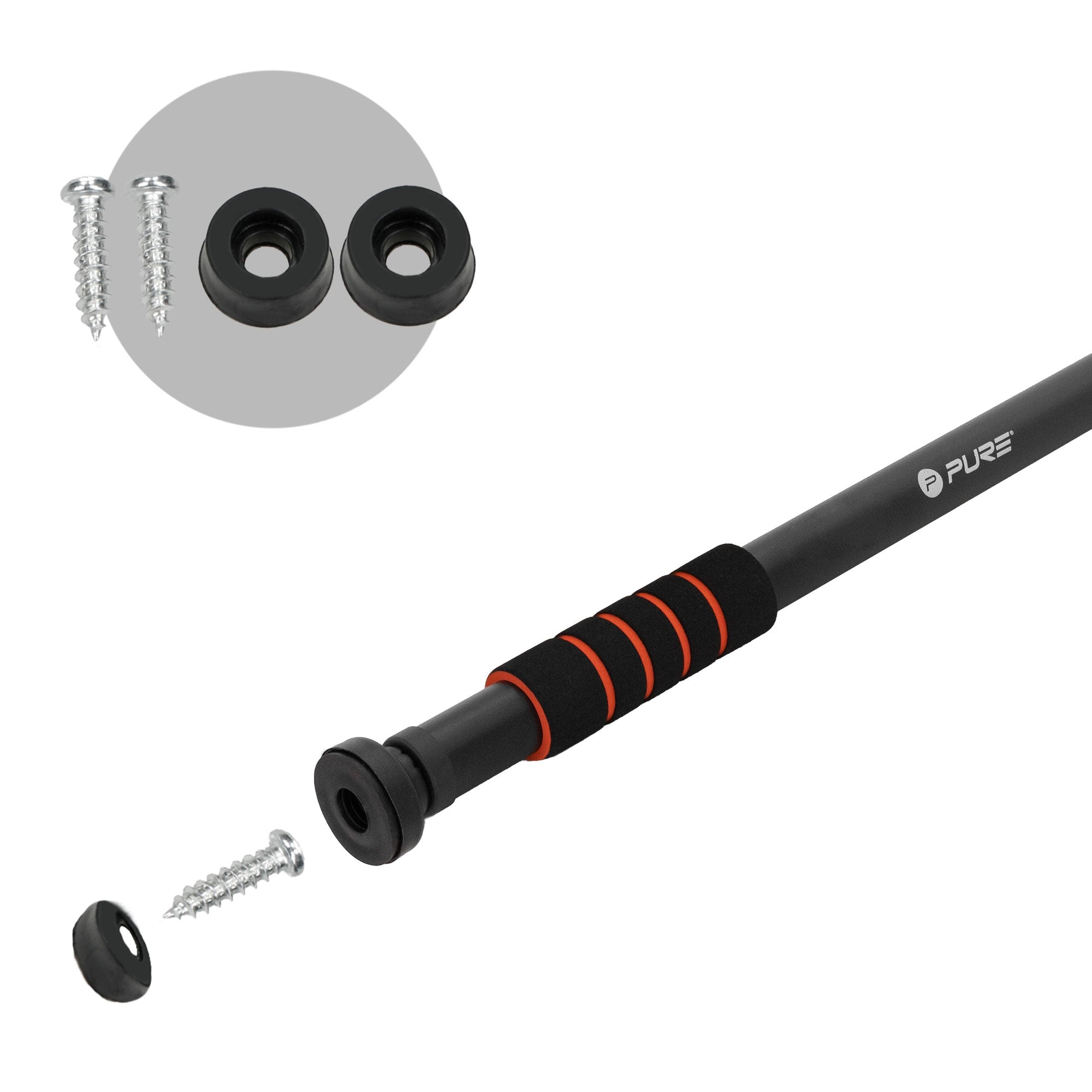 Black training bar with screws and rubber parts.