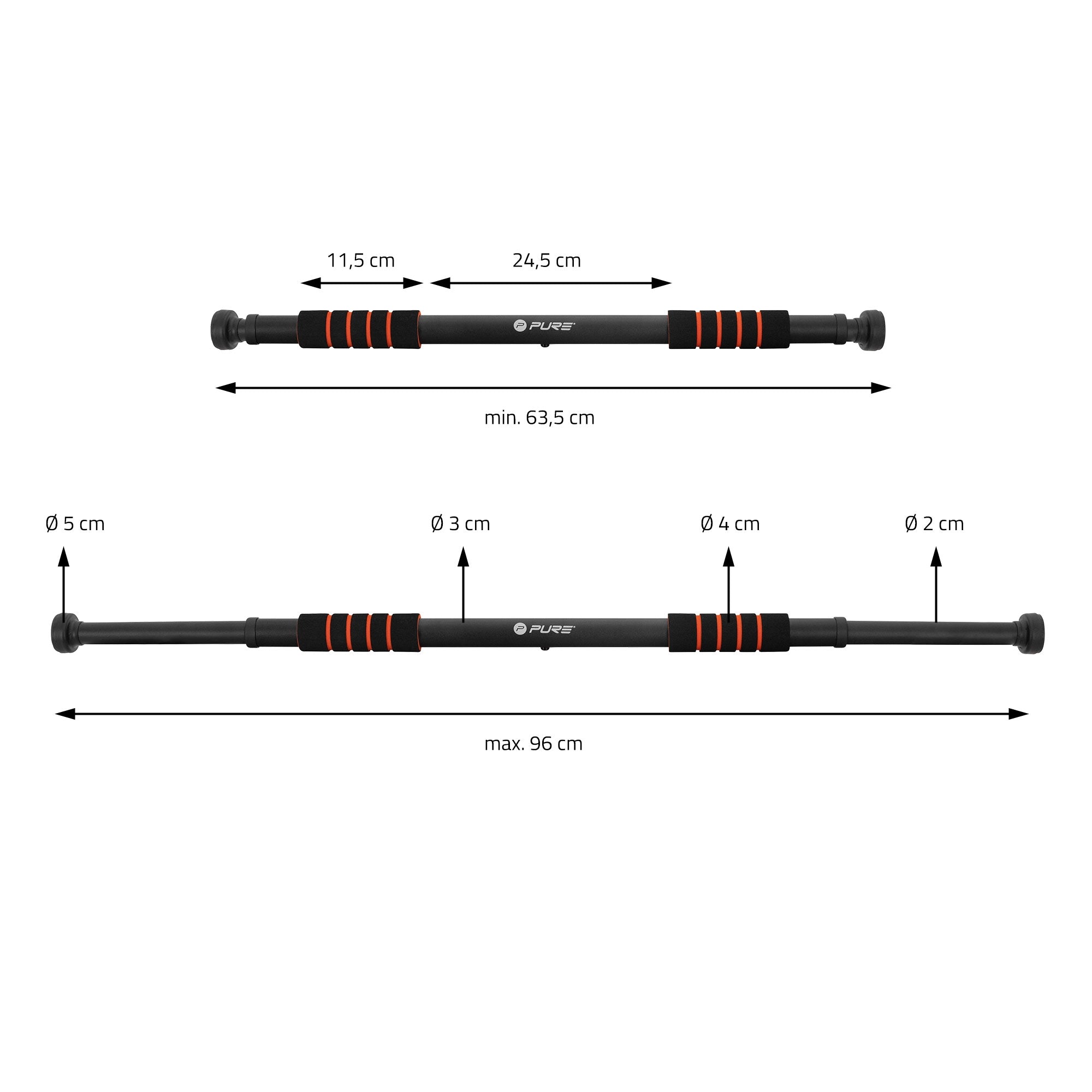 Adjustable bar with dimensions, black with orange accents.