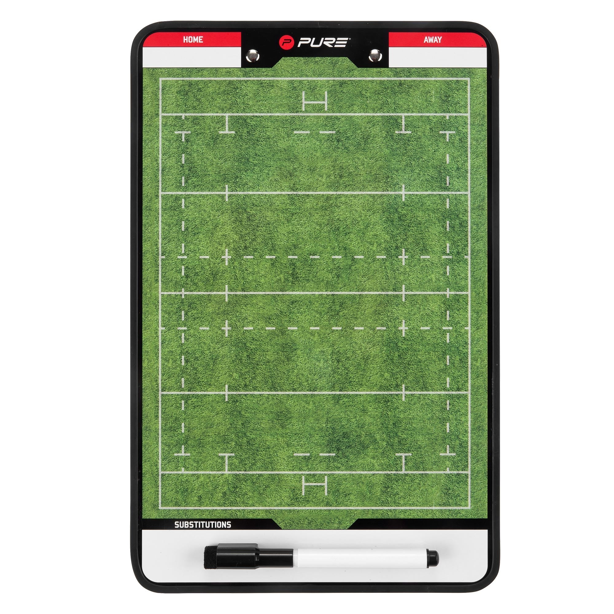 Pizarra táctica de rugby con campo de juego y espacio para sustituciones.