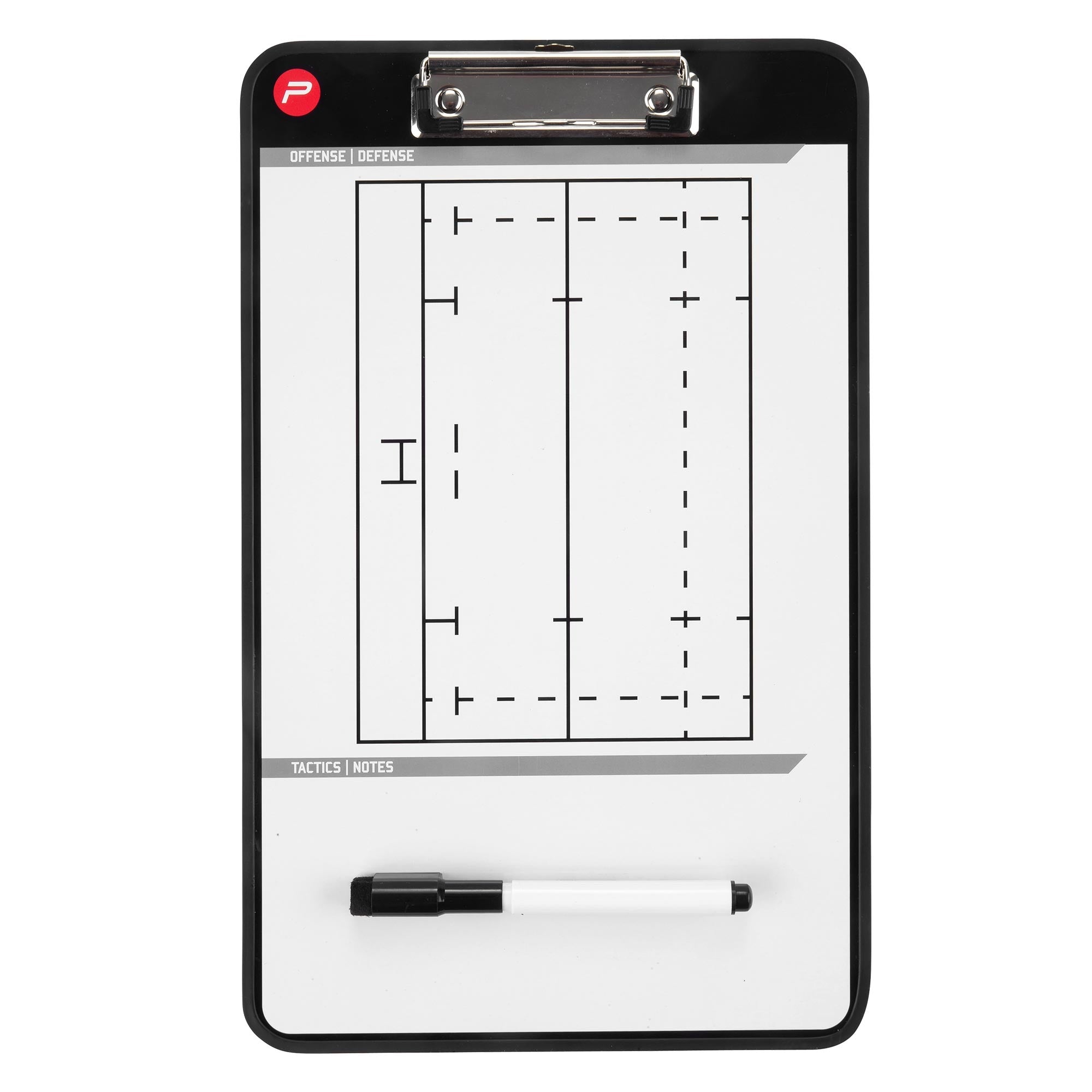 Taktiktafel mit Spielfeldzeichnung und einem Stift.