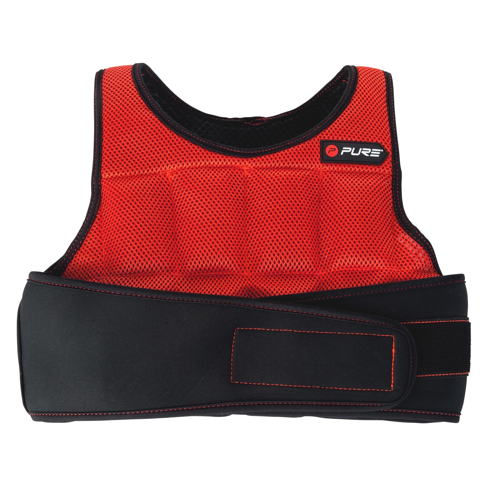 Chaleco de entrenamiento rojo con parte inferior negra.