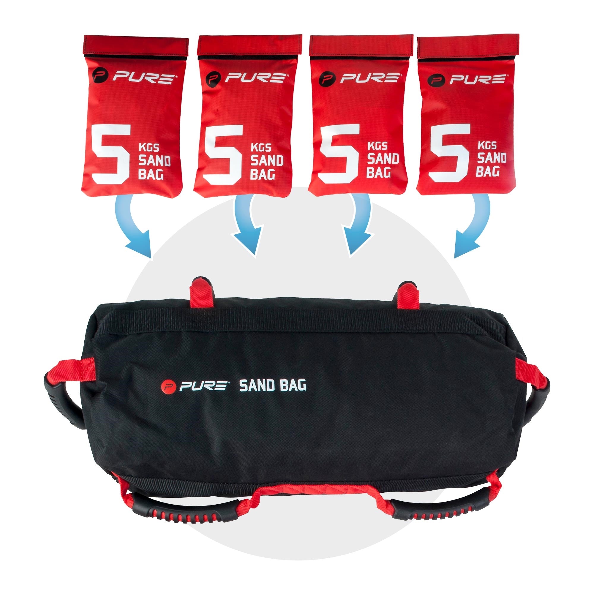 Sort sportstaske med røde sandsække, der vejer 5 kg.