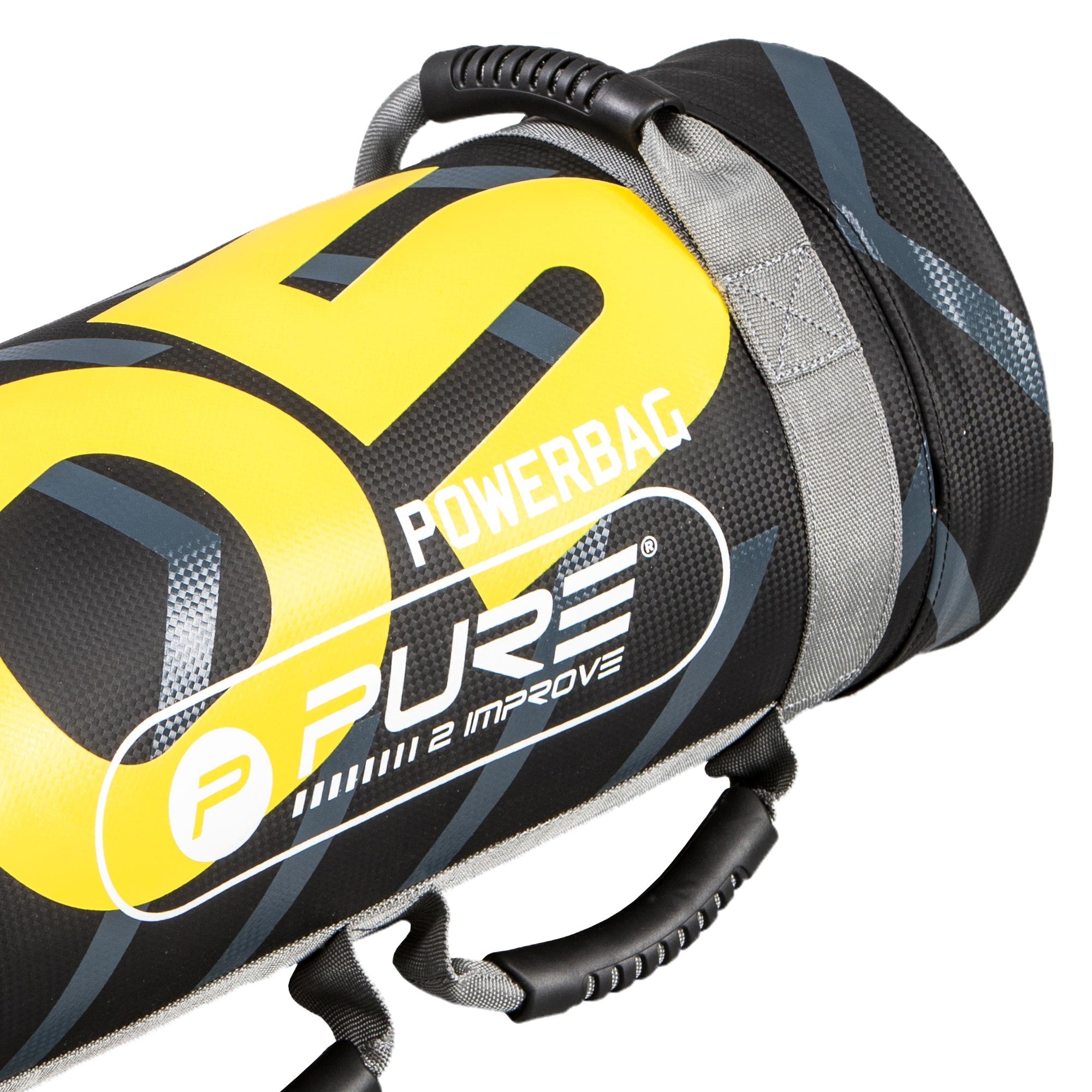Primer plano de un Powerbag con logo amarillo y asas grises.