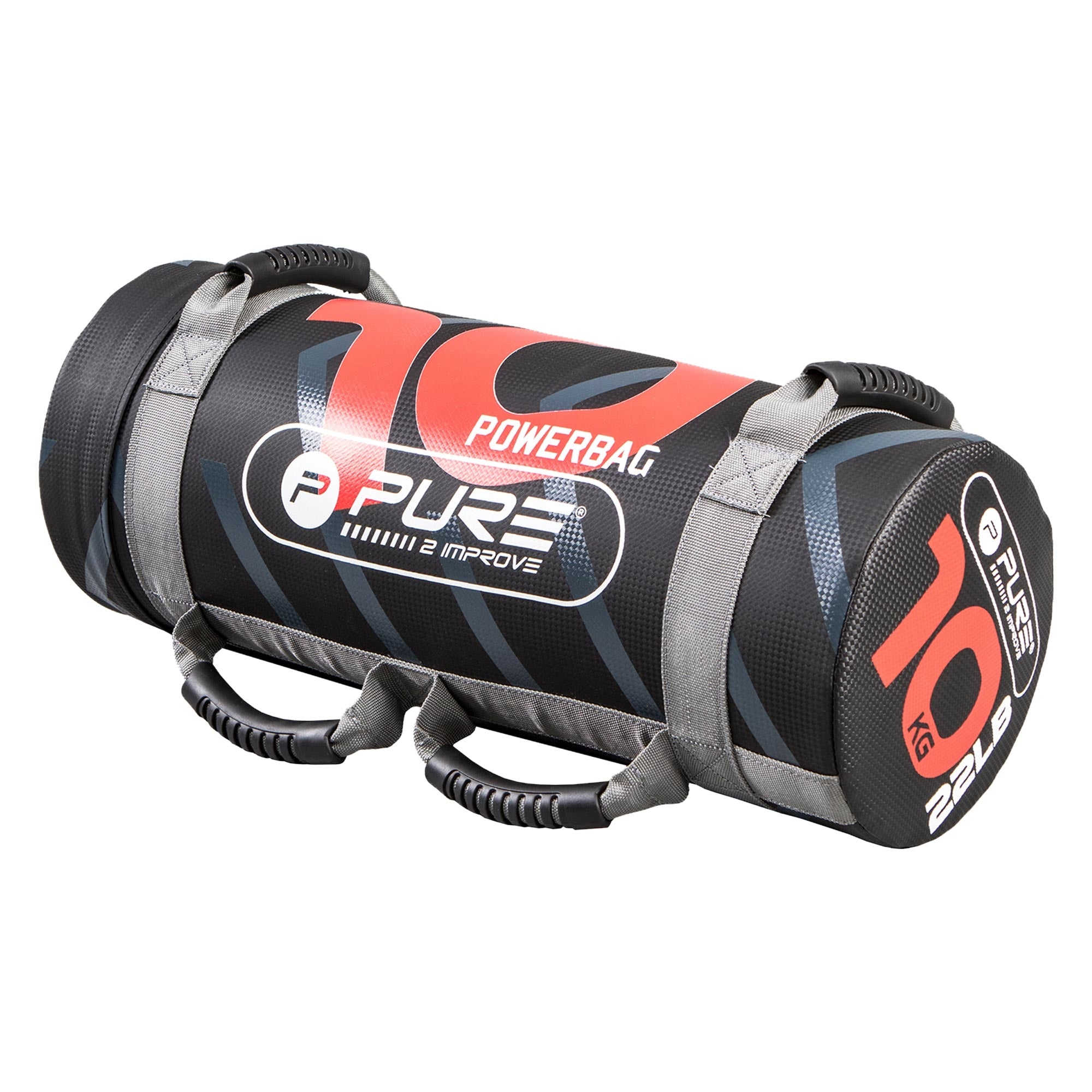 Rund powerbag med 10 kg, sort med røde og grå accenter.