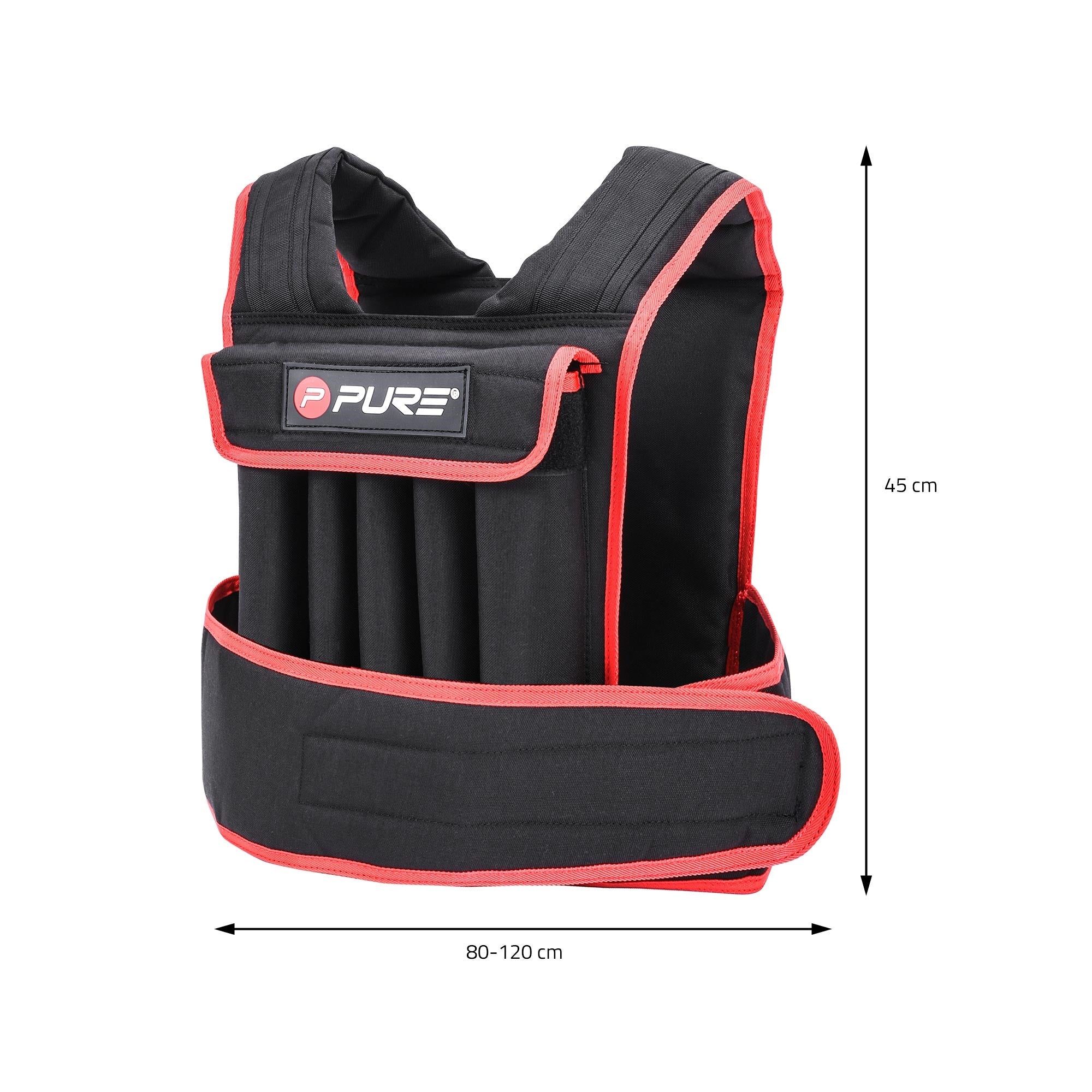 Un gilet nero con accenti rossi, le misure sono indicate.