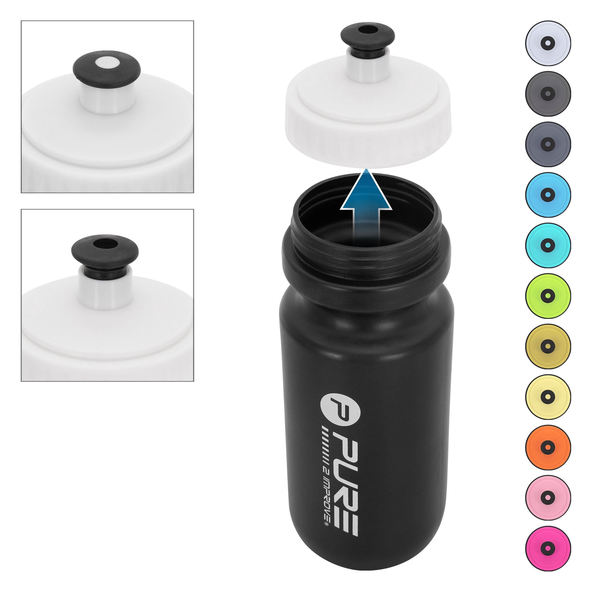 Schwarze Trinkflasche mit abnehmbarem Deckel und verschiedenen Farboptionen.