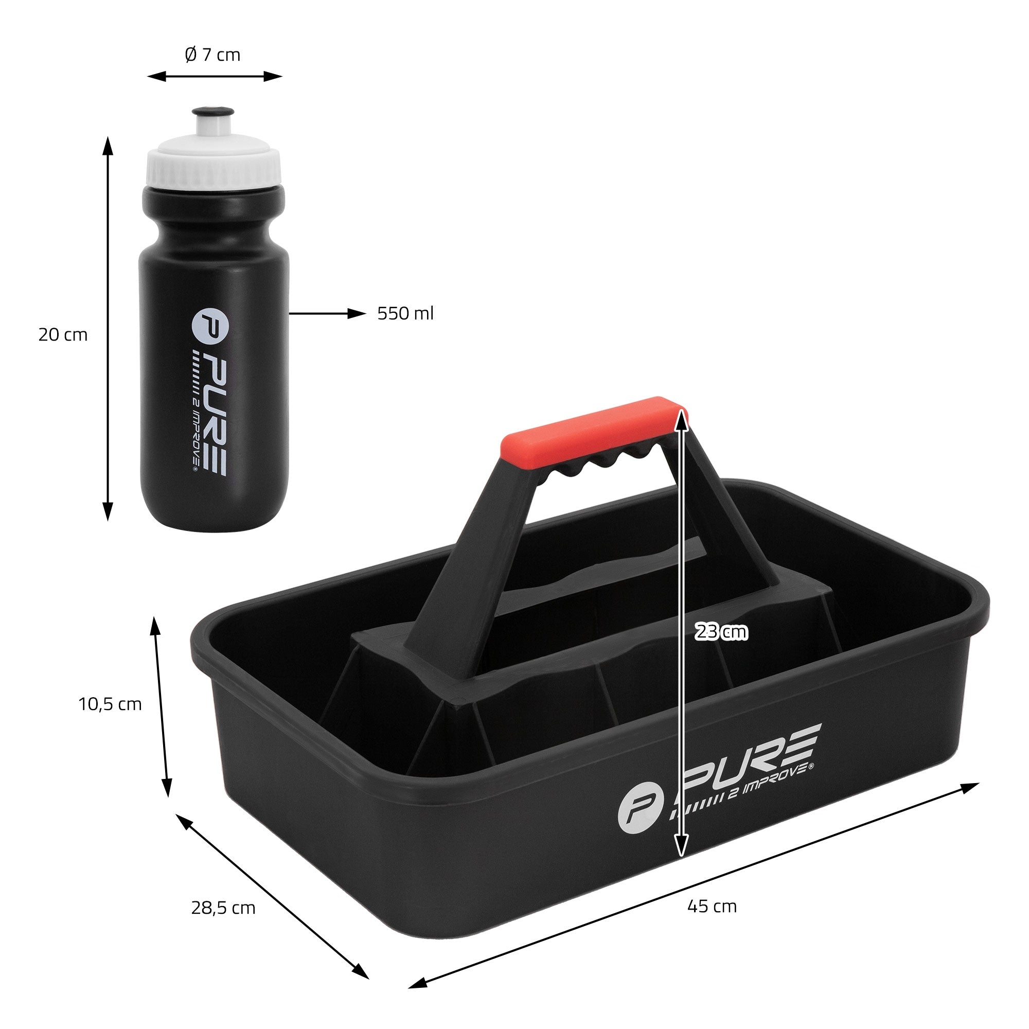 Schwarze Tragebox mit Wasserflasche, Maße und Volumen sind angegeben.