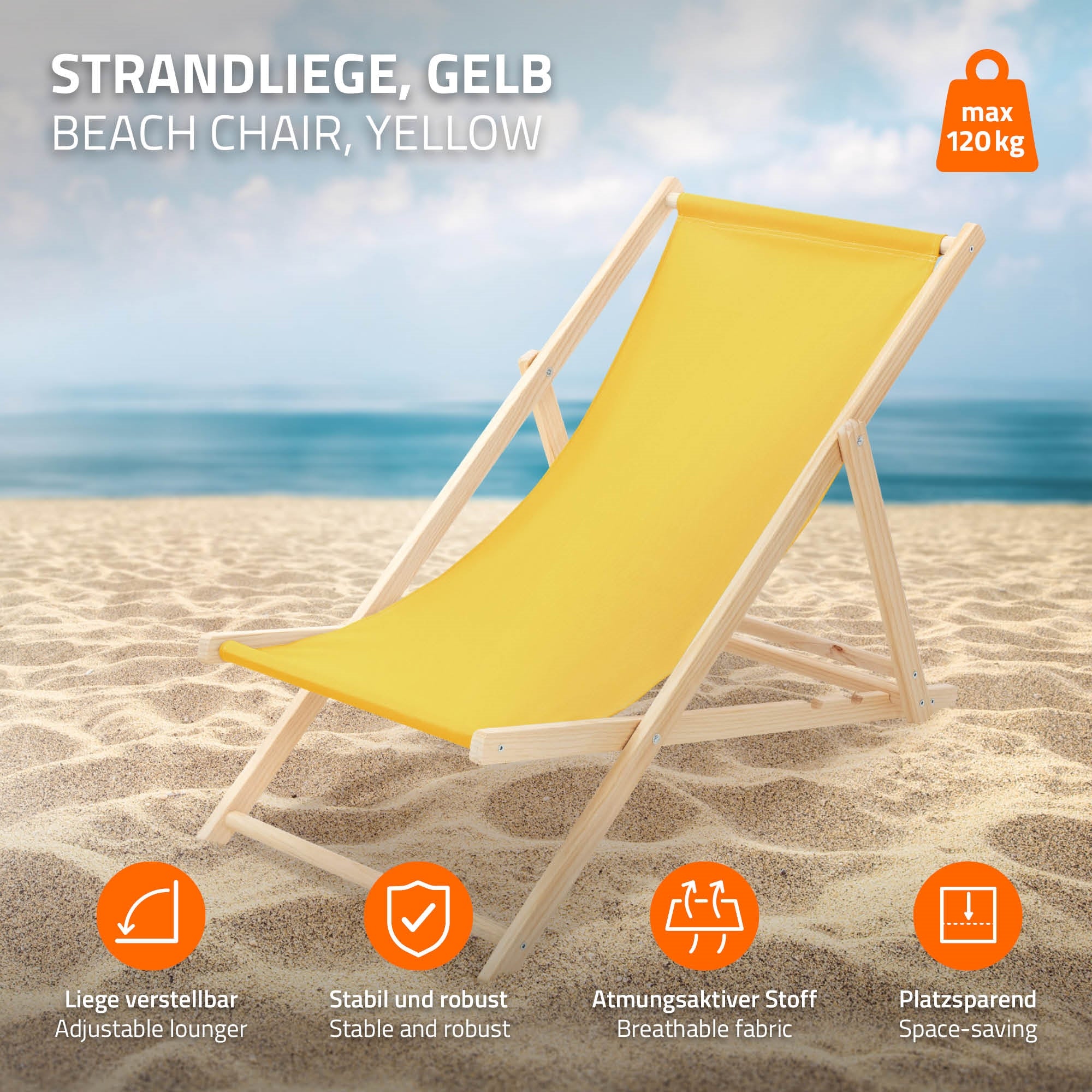 Gul strandstol ved stranden med egenskaber og brugsanvisninger.