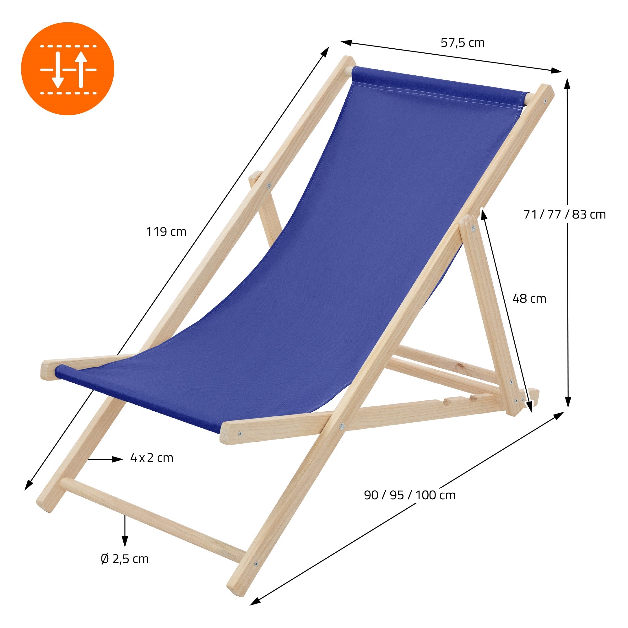 Blue beach lounger with wooden frame and measurements.