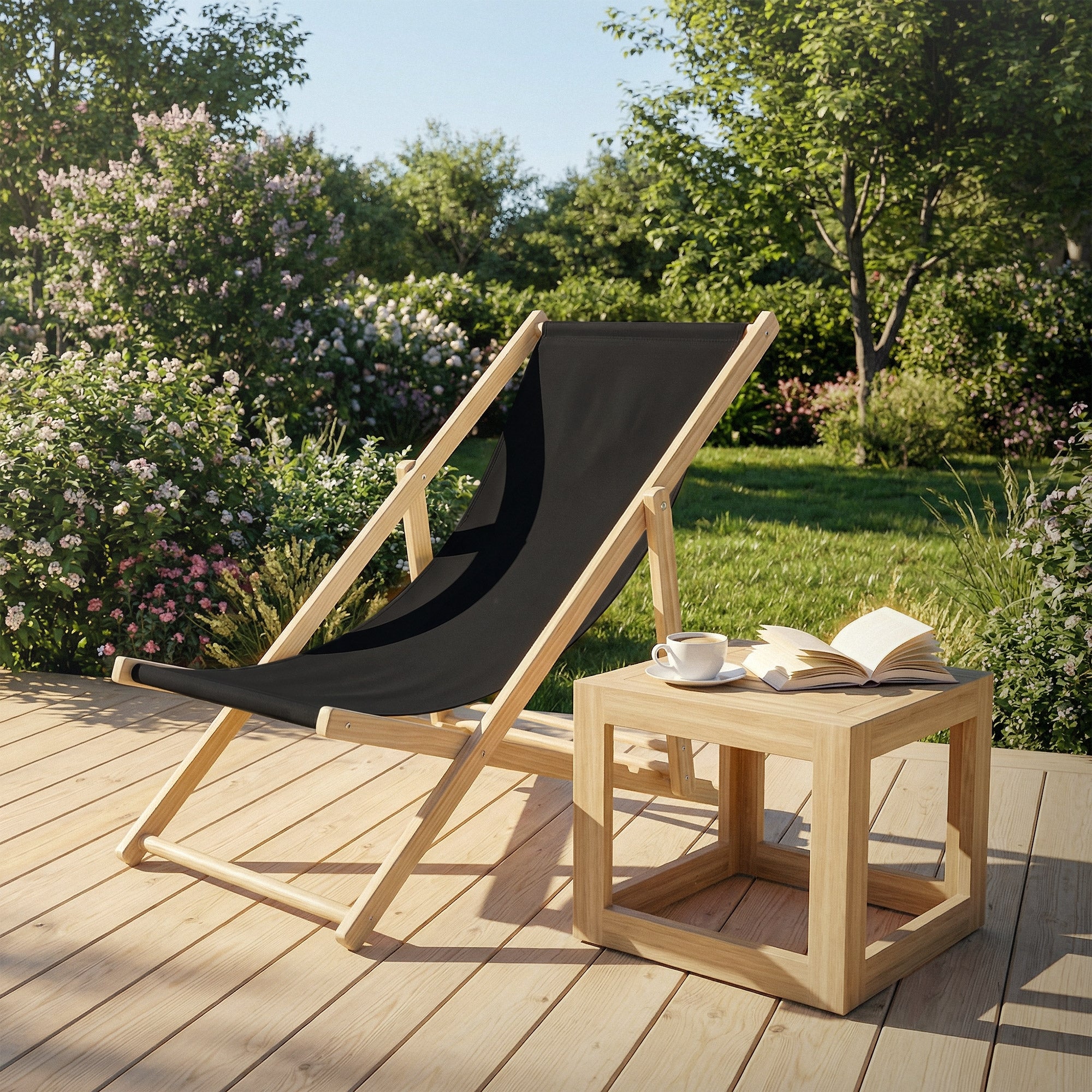Ligstoel op houten terras met bloemen, tafel, kopje en boek.