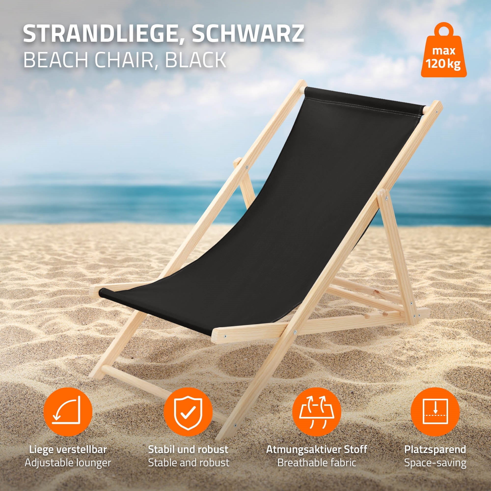 Strandliege in Schwarz, stabil und platzsparend, mit Symbolen für Eigenschaften.