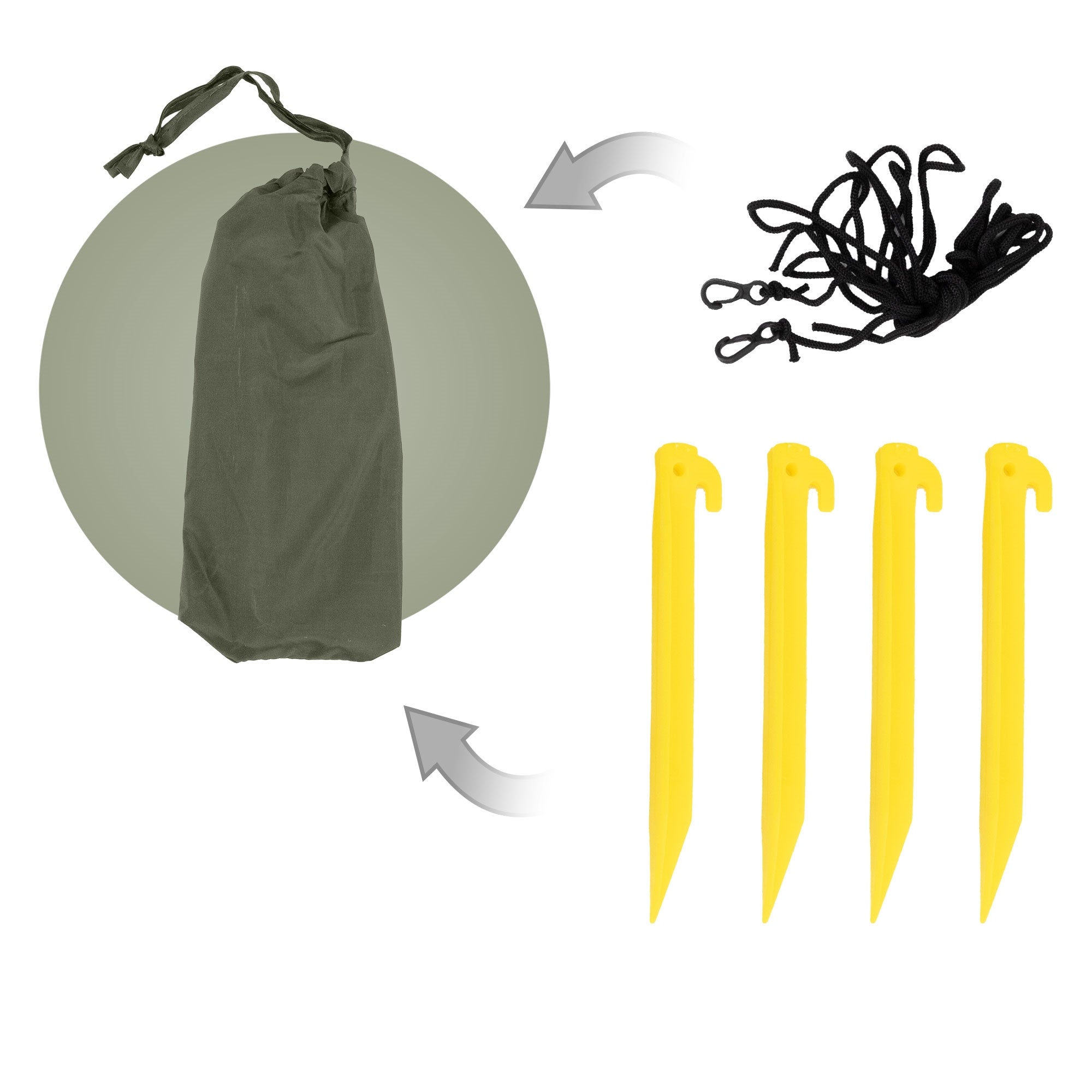 Borsa verde con cordini e picchetti gialli.