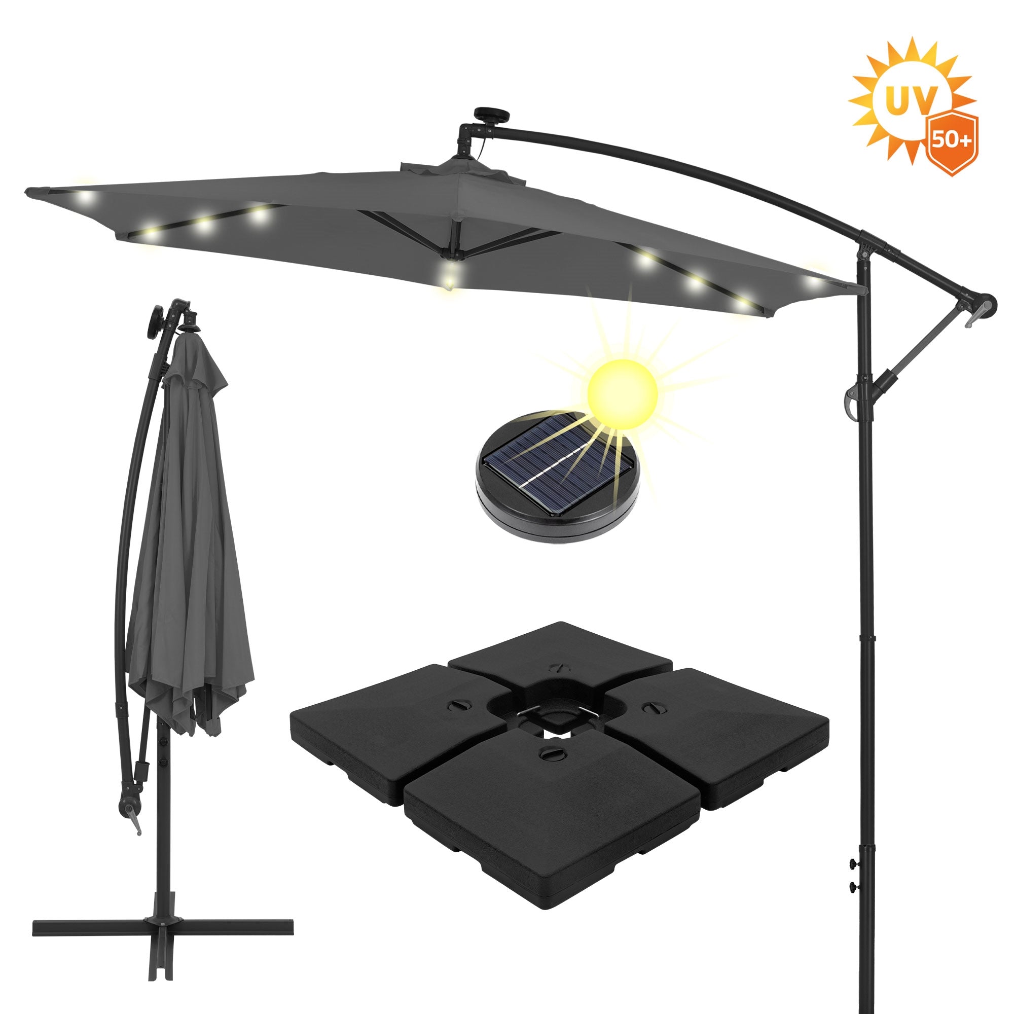 Market umbrella with lighting and solar panel, base plates visible.