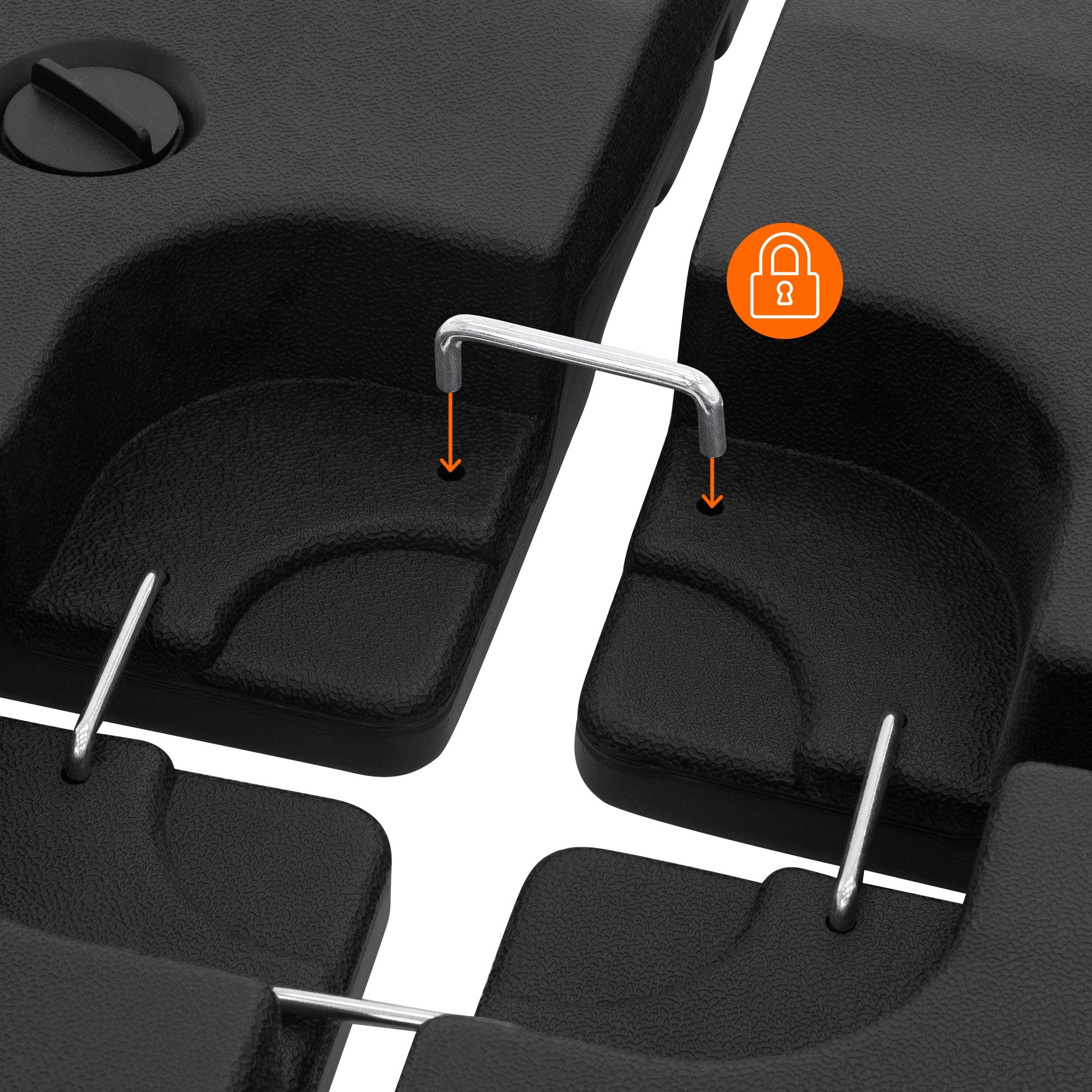 Close-up of a black connecting element with a lock symbol.
