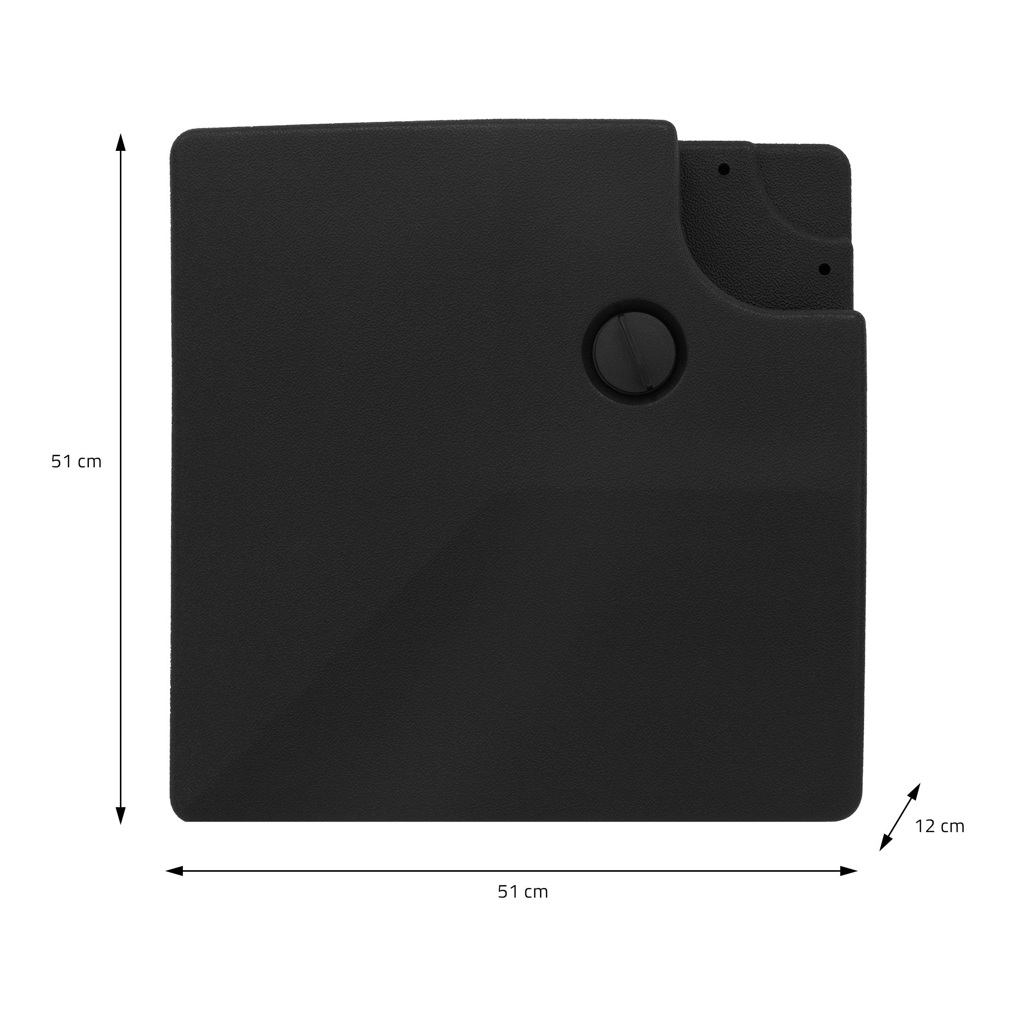 Black square plate with a hole and dimensions of 51 cm x 51 cm x 12 cm.