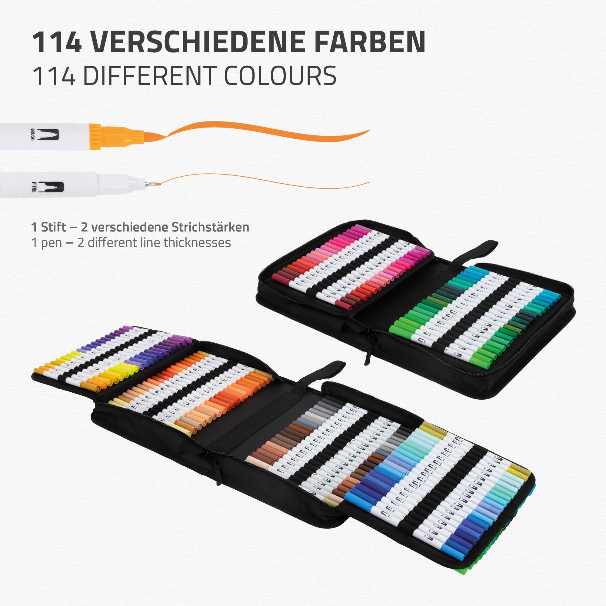 Ein Stiftetui mit 114 verschiedenen Farben und zwei Stiftgrößen.