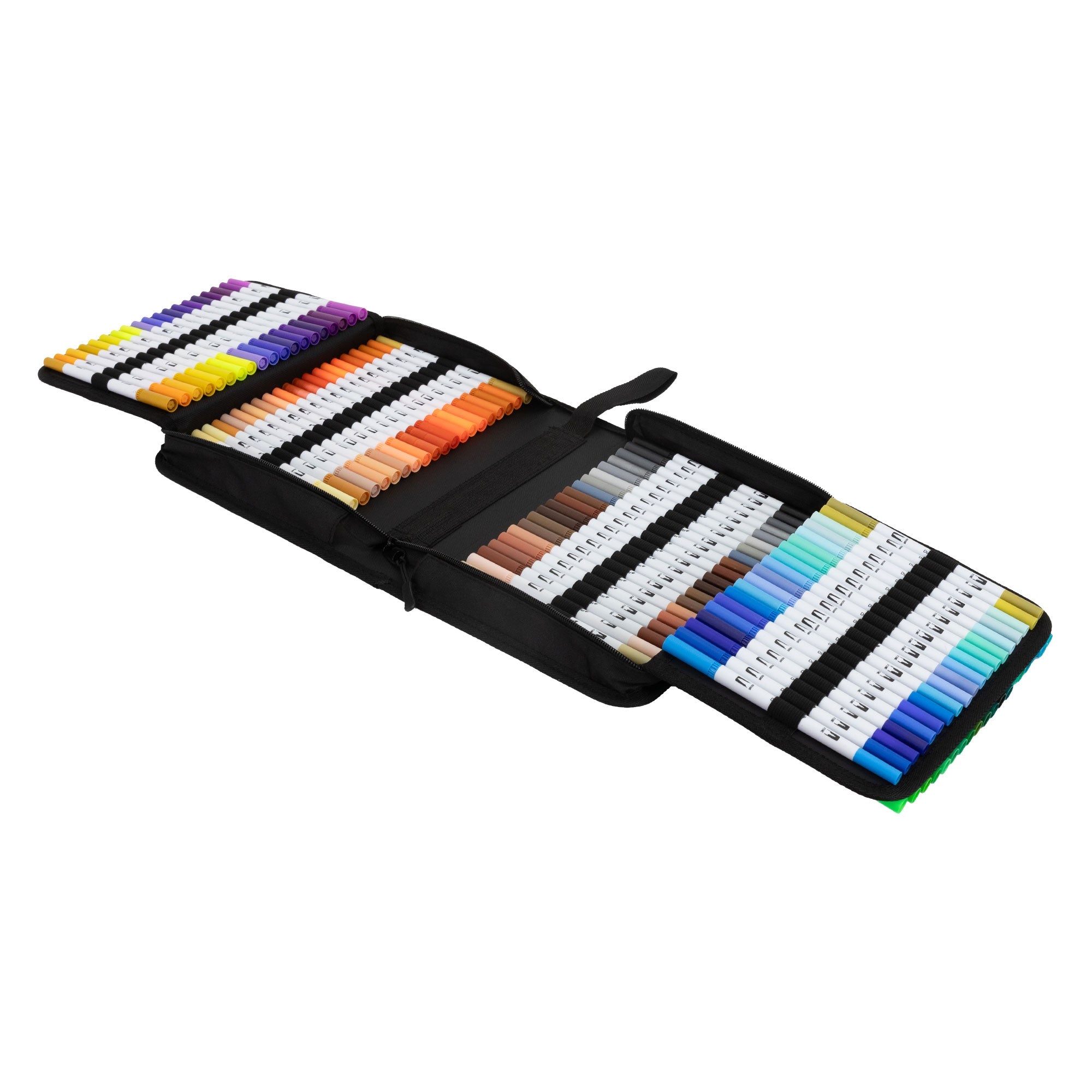 Black bag with markers arranged in various colors.
