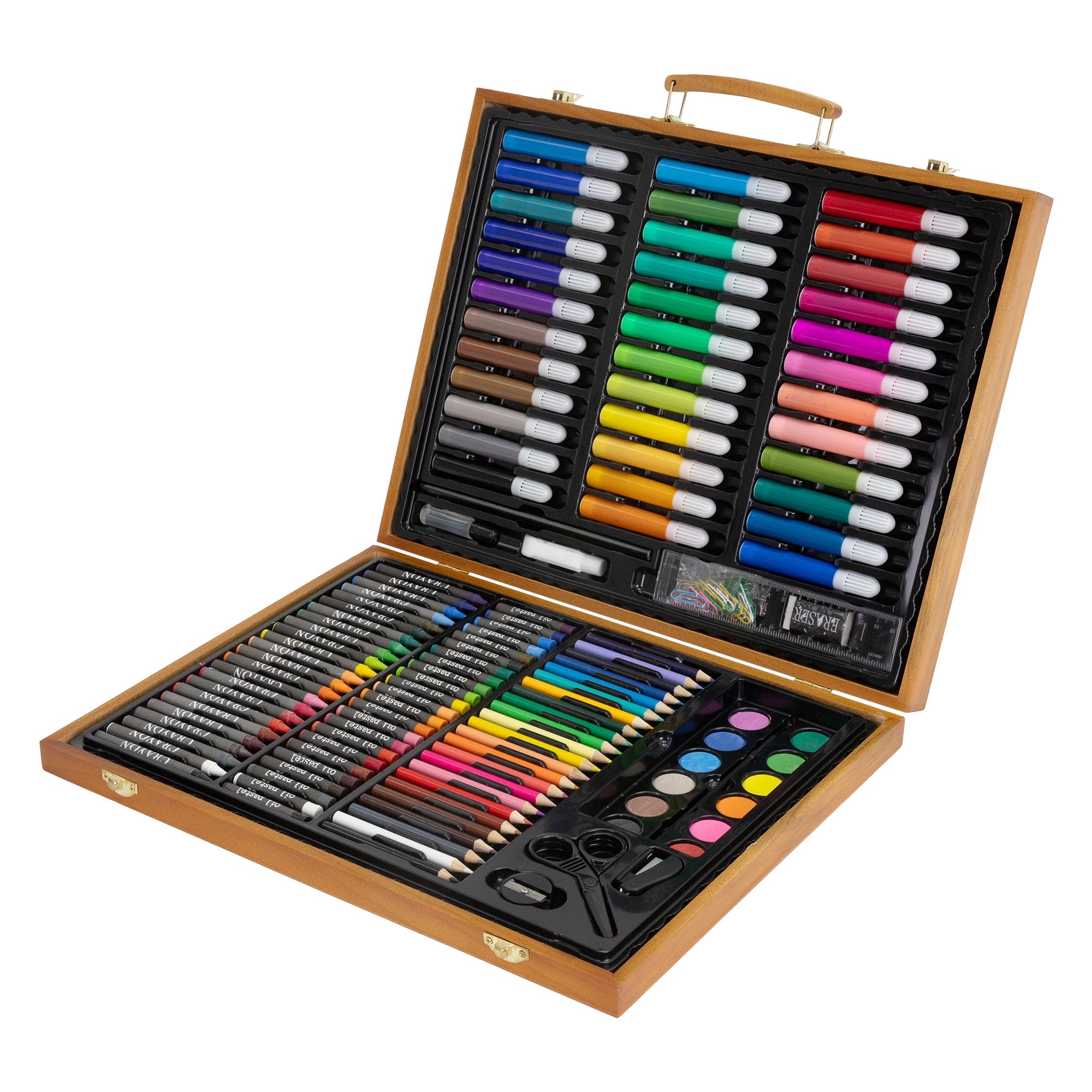 Open wooden case with various colors and drawing materials.