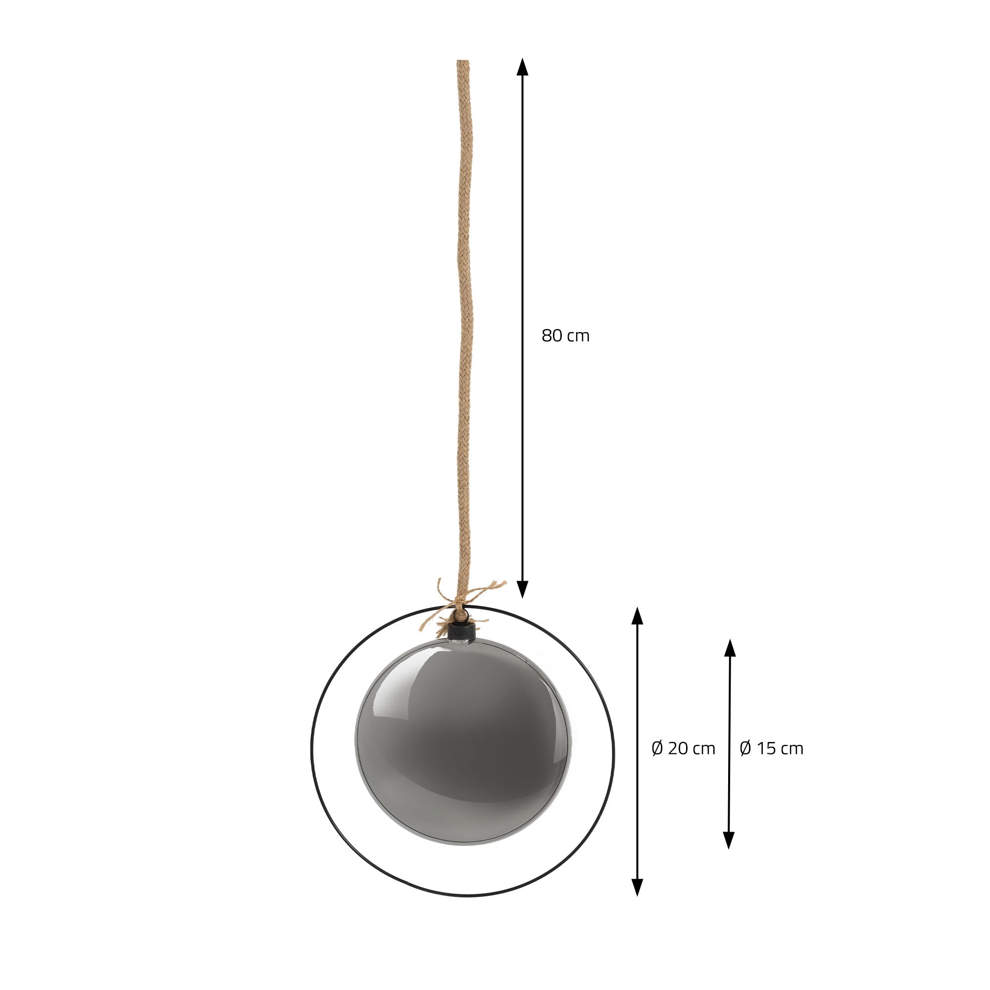 Glaskugel mit grauem Design, hängend, Maße: 80 cm hoch, Durchmesser 20 cm und 15 cm.
