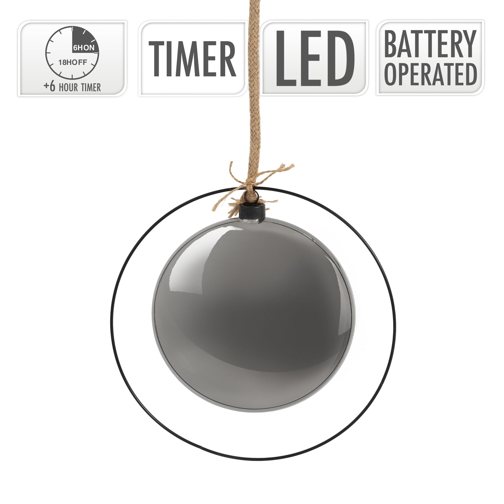 Hängende Glaskugel mit Timer, LED-Beleuchtung, batteriebetrieben, auf weißem Hintergrund.