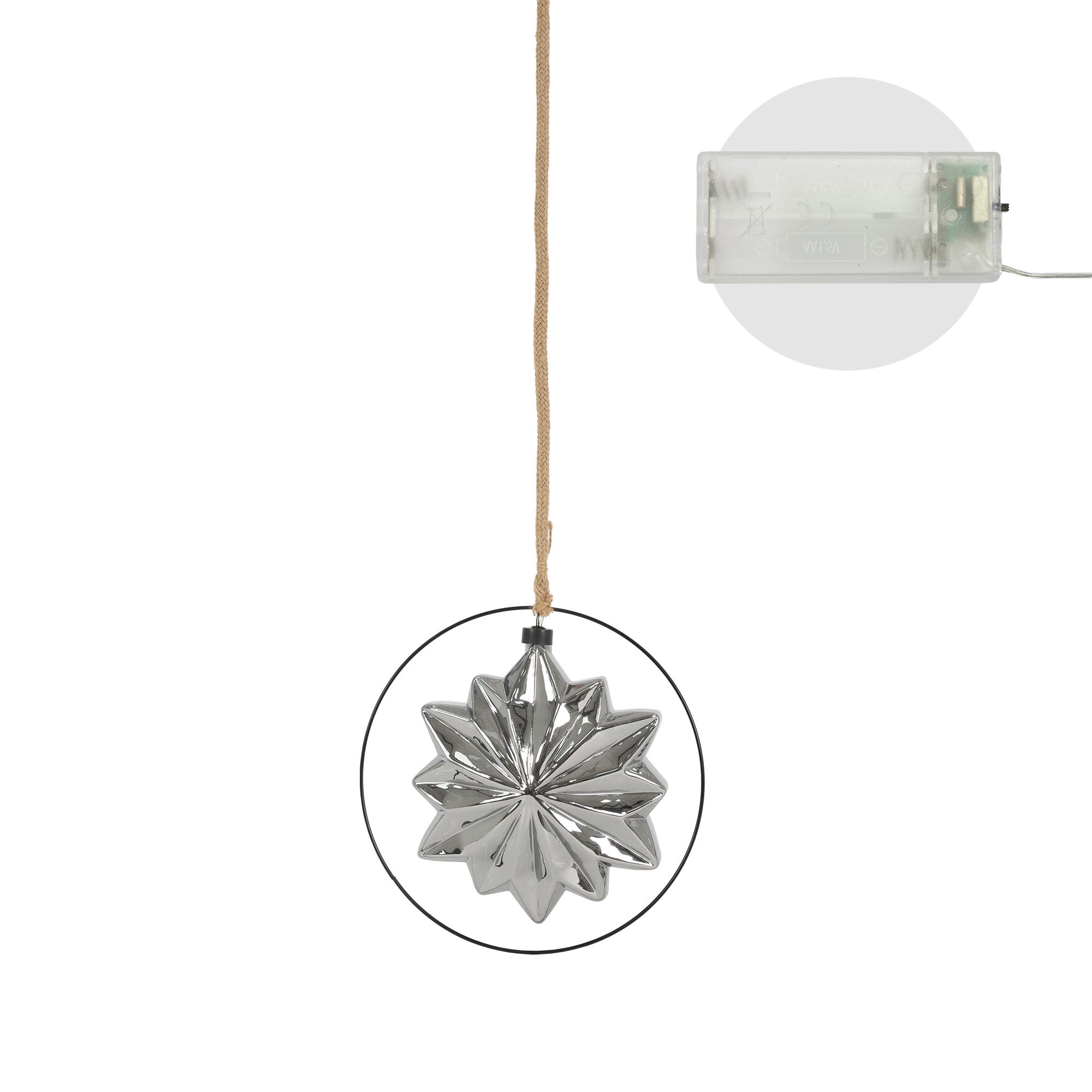 Hanging silver decoration with lights and battery compartment.