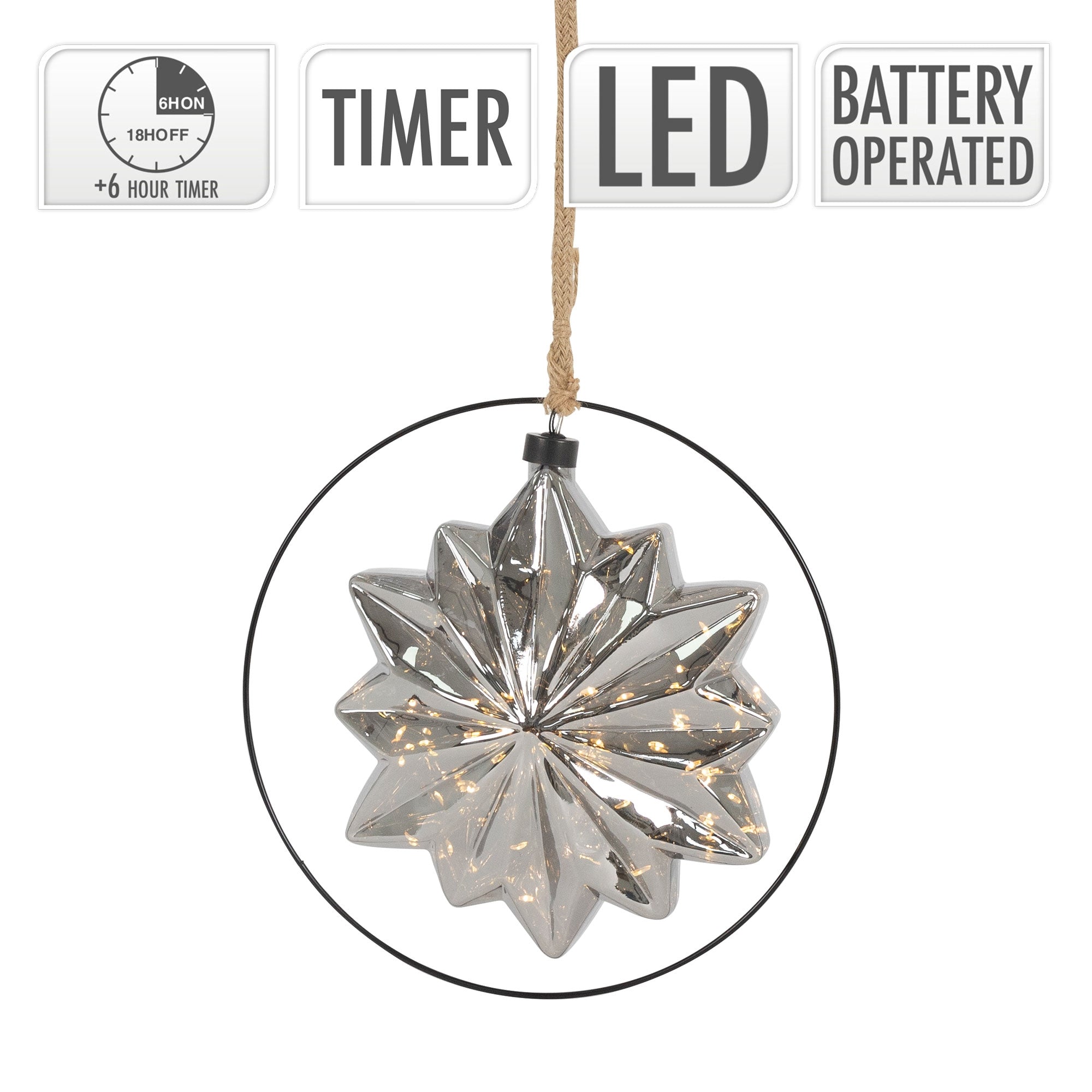 Hængende stjerne af metal med LED-lys, snor og timer-funktion.