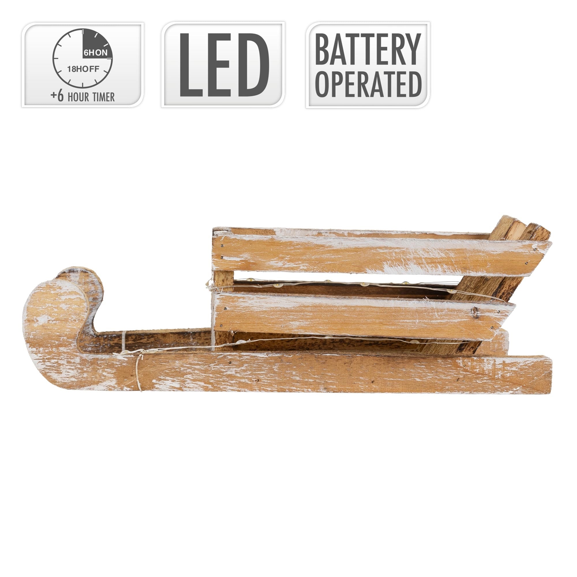 Zusammengeklappter Holzschlitten, mit LED-Beleuchtung und Batteriebetrieb.