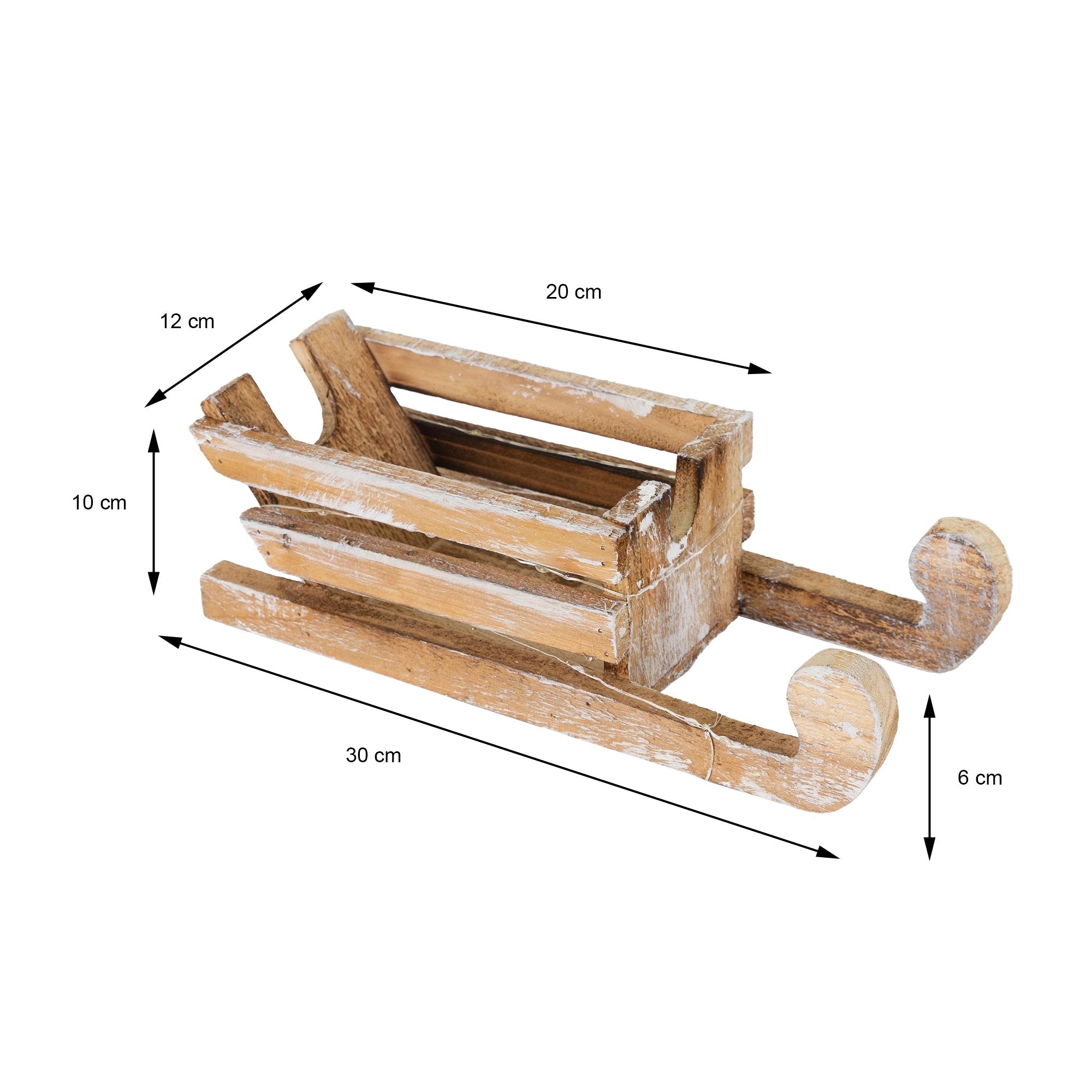 Ein Holzschlitten mit Maßen: 30 cm lang, 20 cm breit, 12 cm hoch.