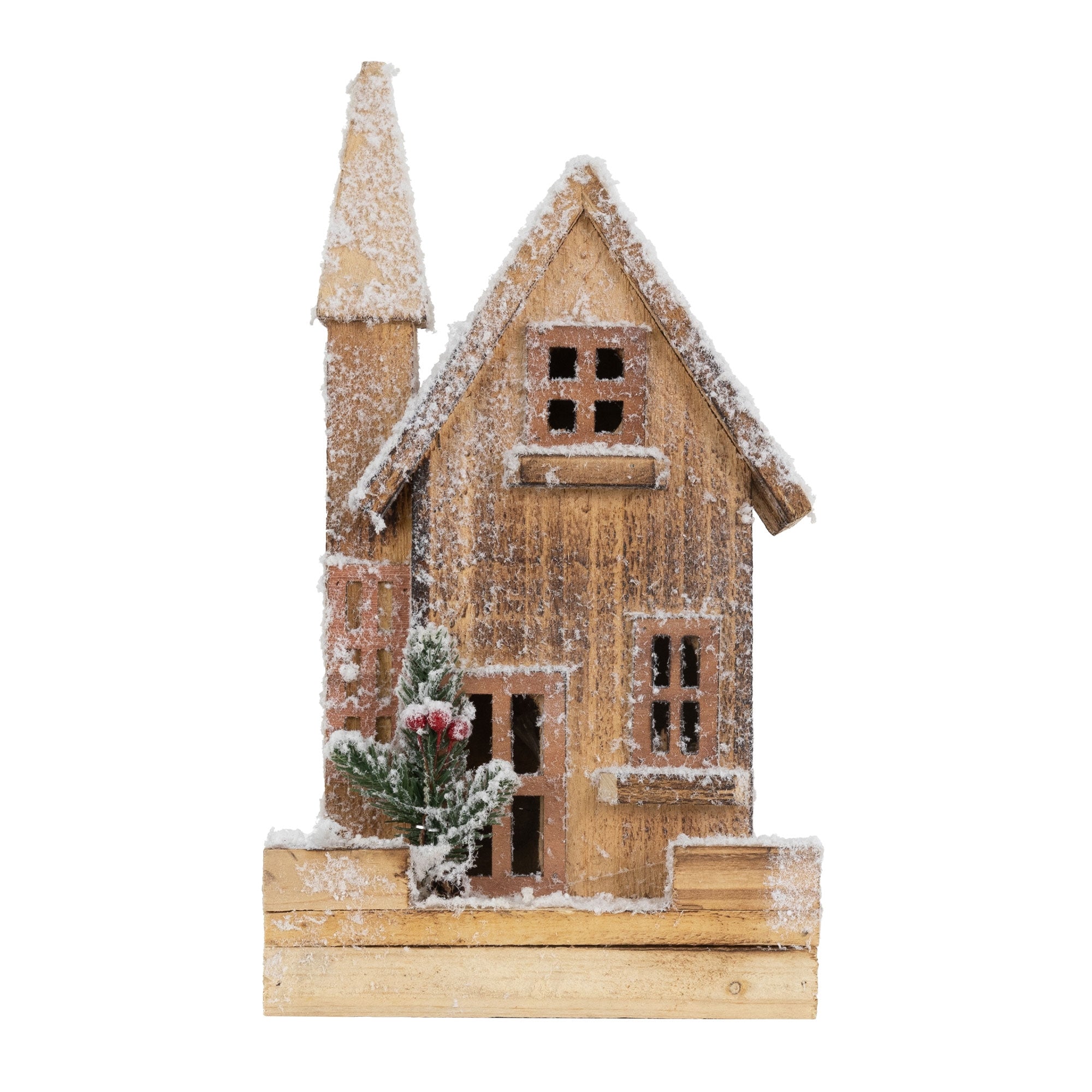 Holzhaus mit Schnee, Fenster und Tür, kleine Pflanze mit roten Beeren.