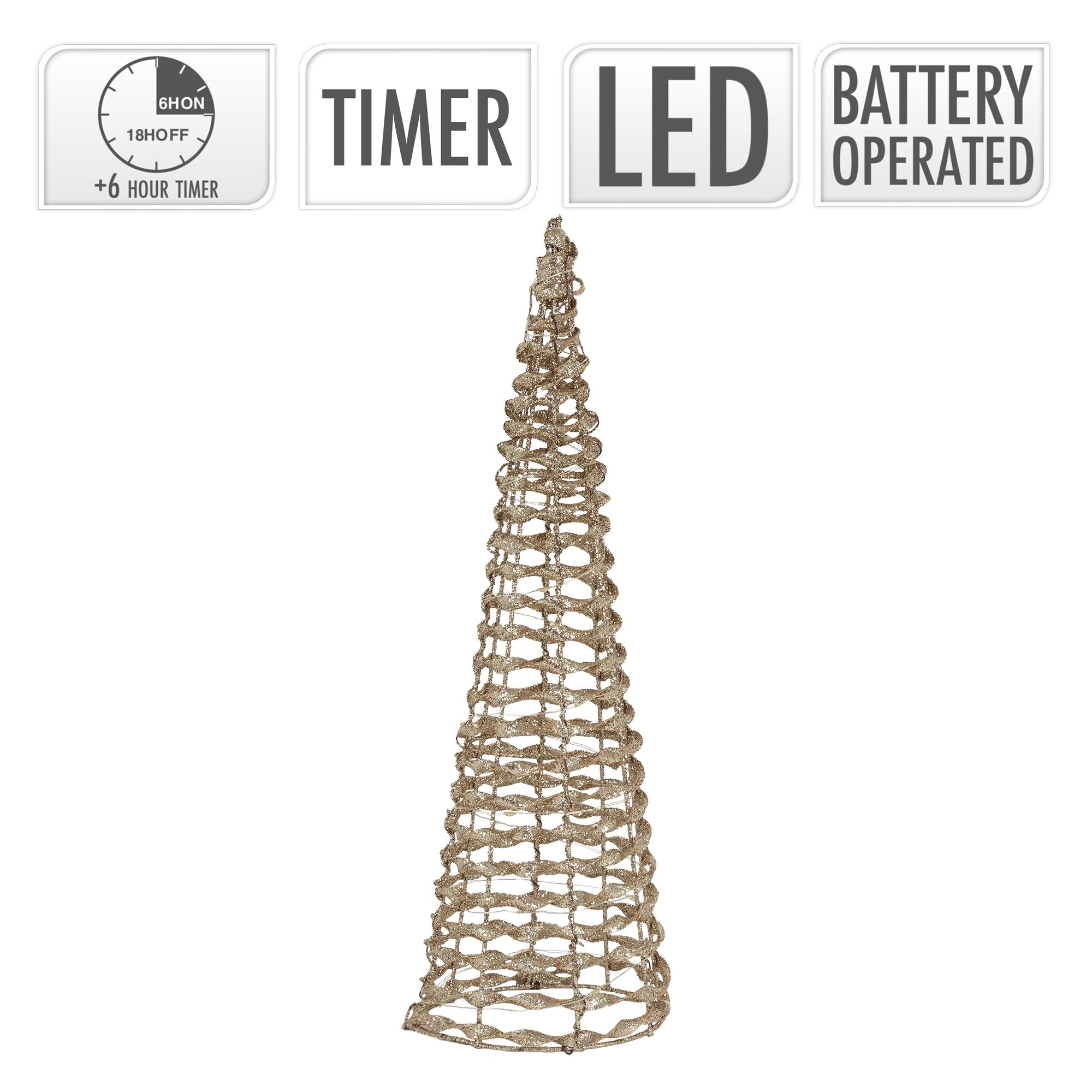 Et dekorativt juletræ med timer, LED-belysning og batteridrift, på en hvid baggrund.