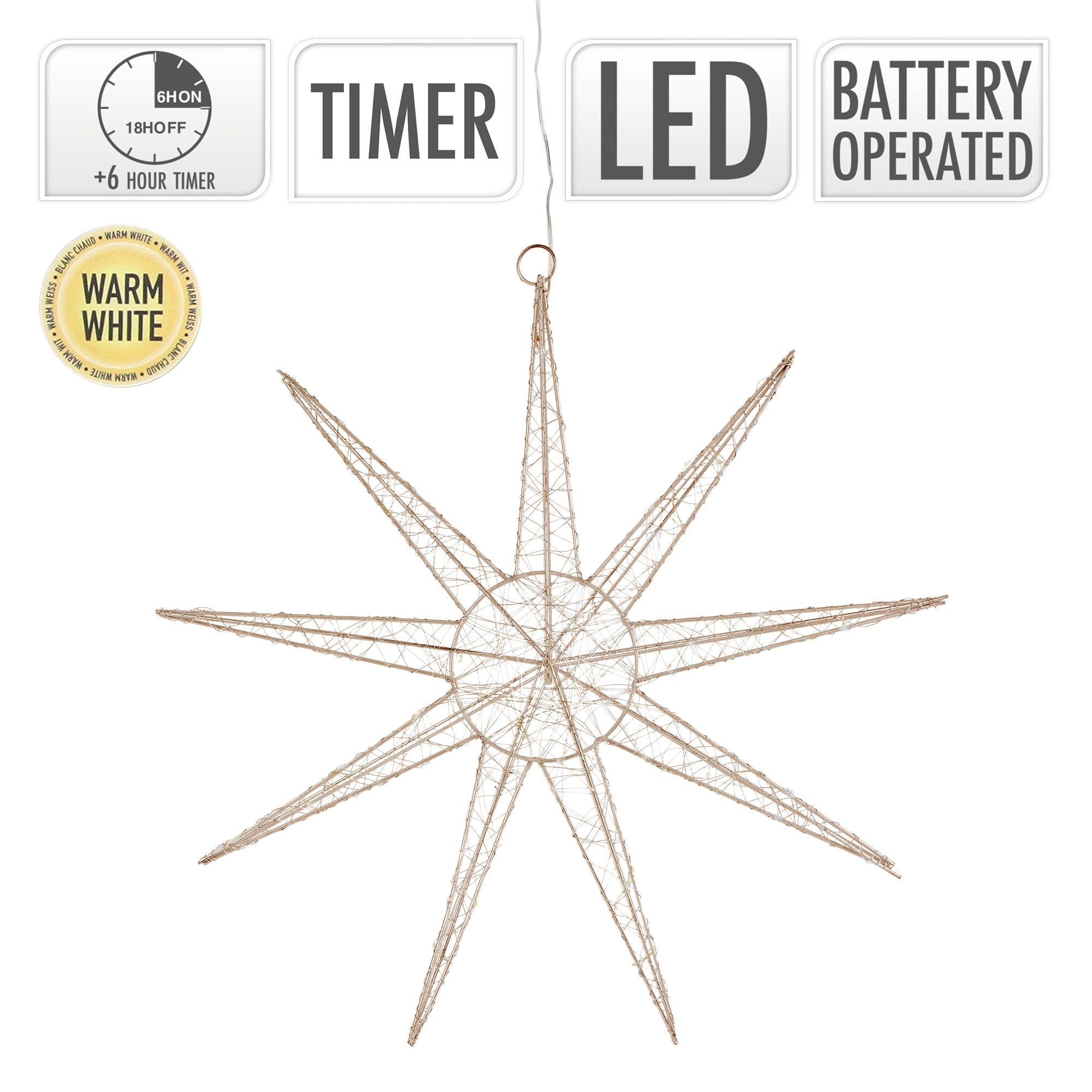 Ein geflochtener Stern mit Timer und LED-Beleuchtung.