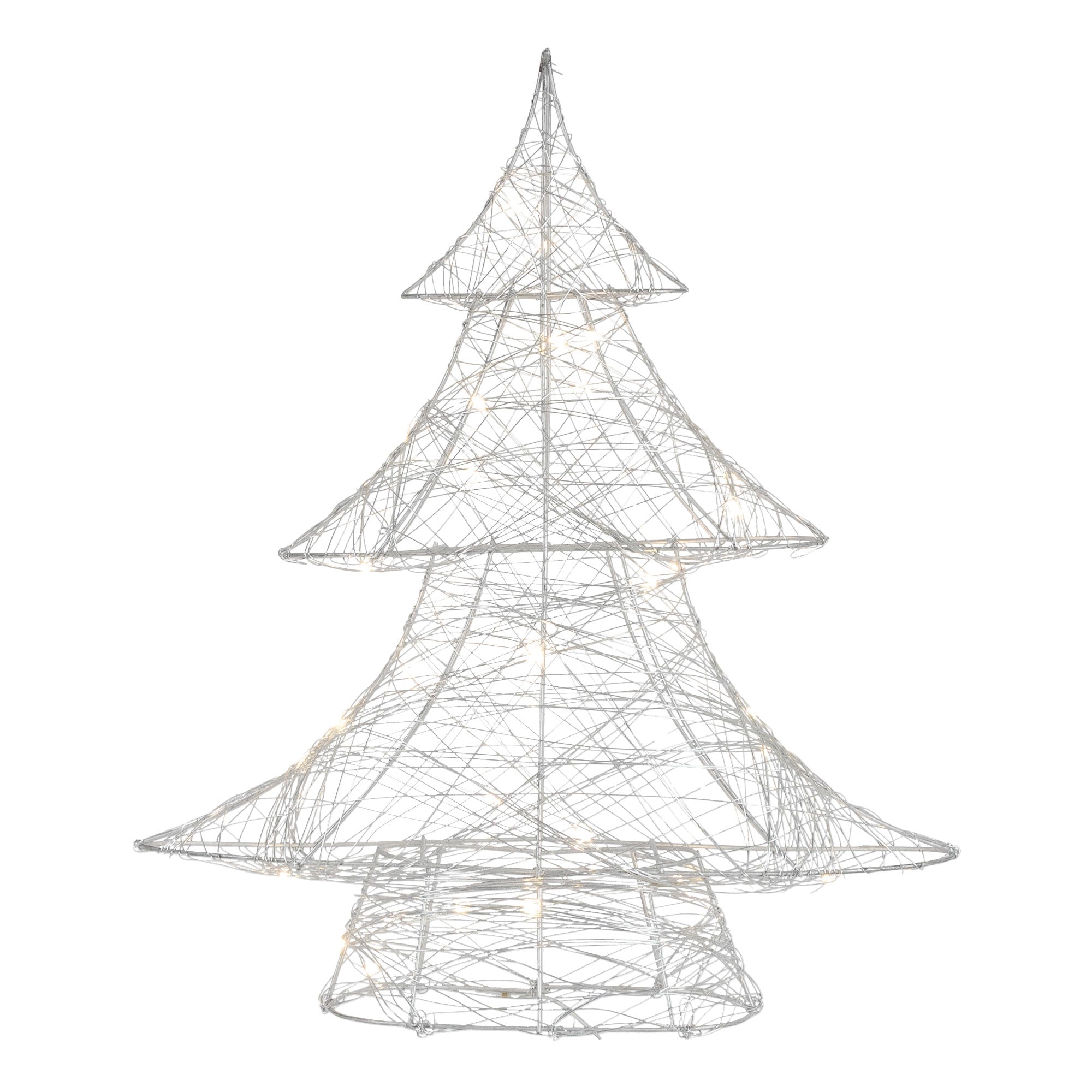 Drahtbaum in Form eines Weihnachtsbaums mit warmweißen Lichtern.