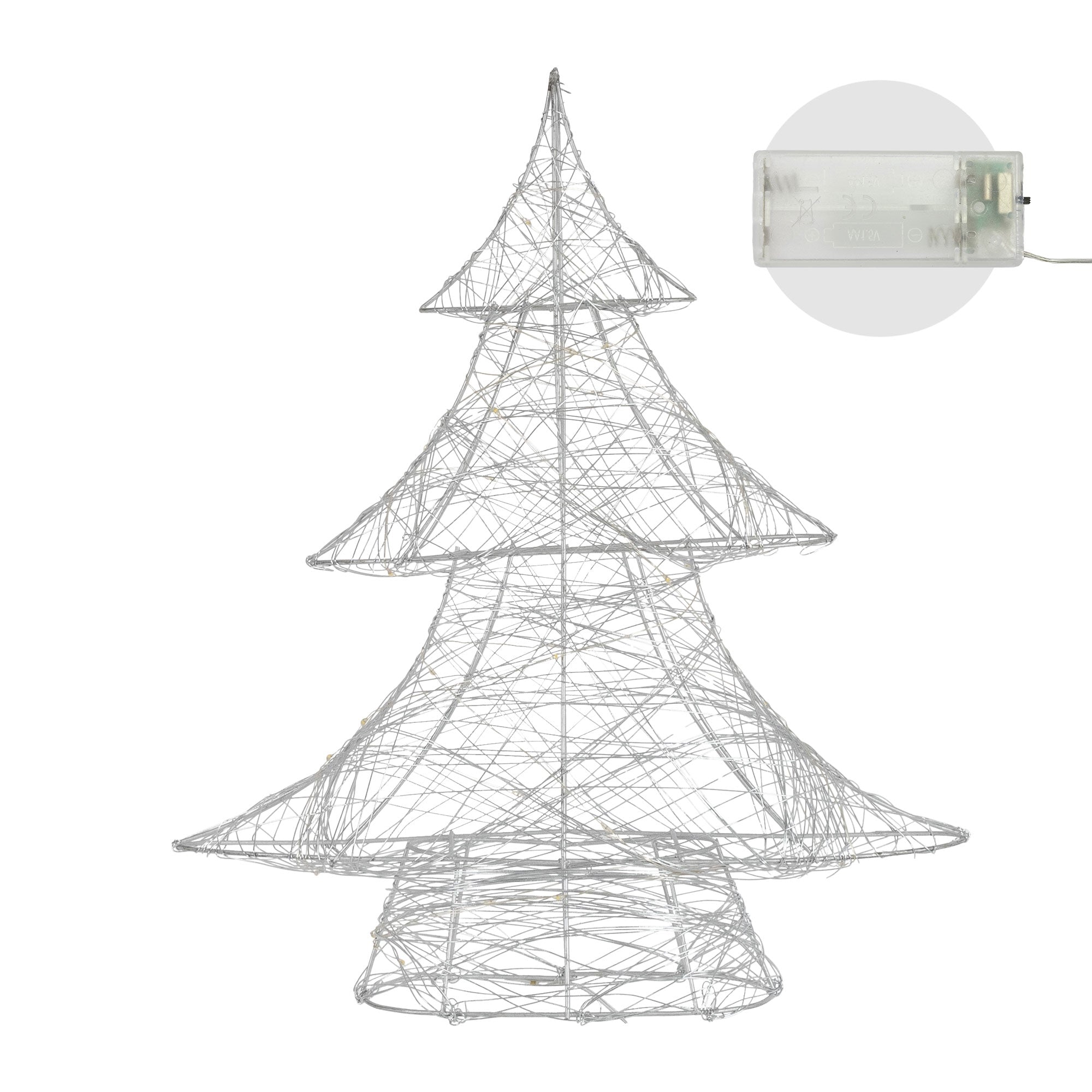 Ein weißer Draht-Weihnachtsbaum mit einer transparenten Steuerungseinheit im Hintergrund.