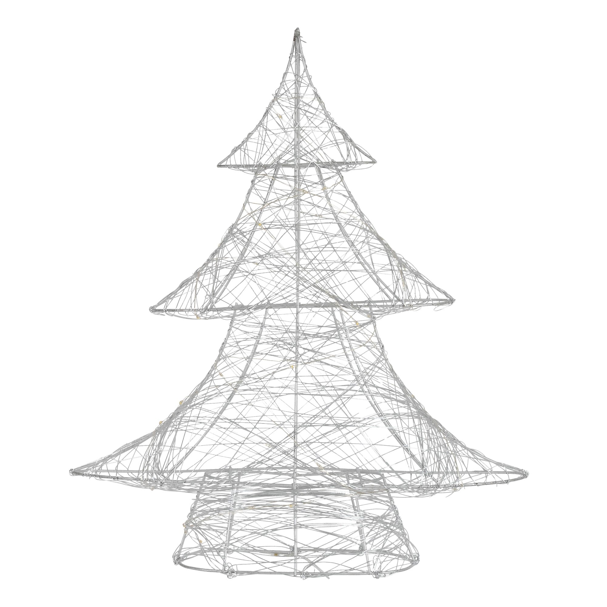 Weißer, drahtartiger Weihnachtsbaum auf weißem Hintergrund.