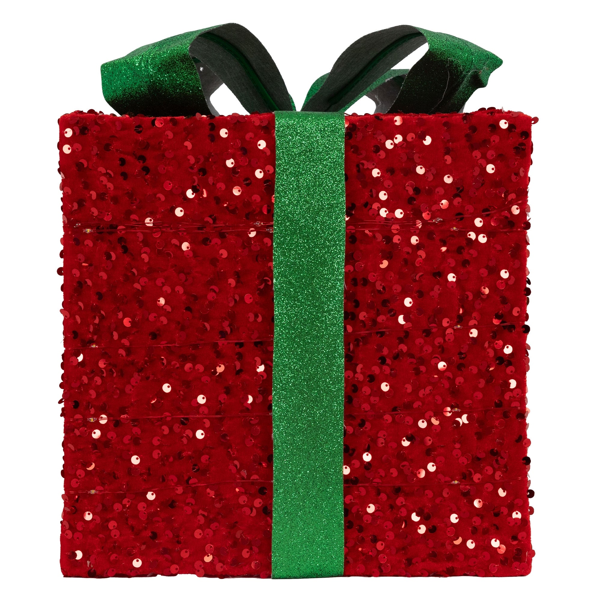 Paquete de regalo rojo con lazo verde y brillo.