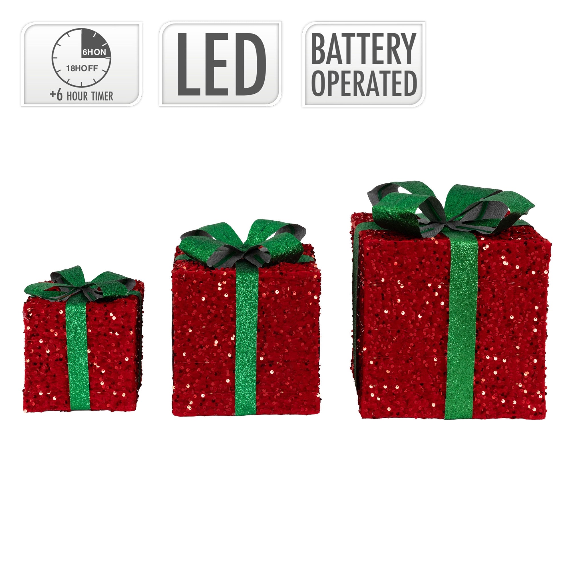 Tres cajas de regalo rojas con lazos verdes, diferentes tamaños y aviso de LED.