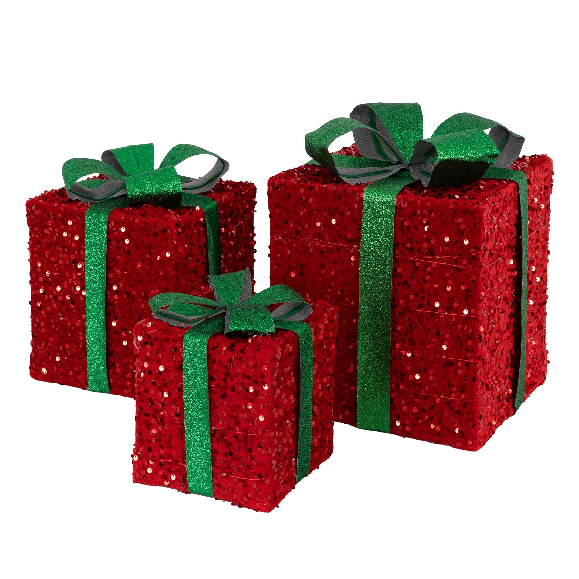 Tres paquetes de regalo rojos con lazos verdes.