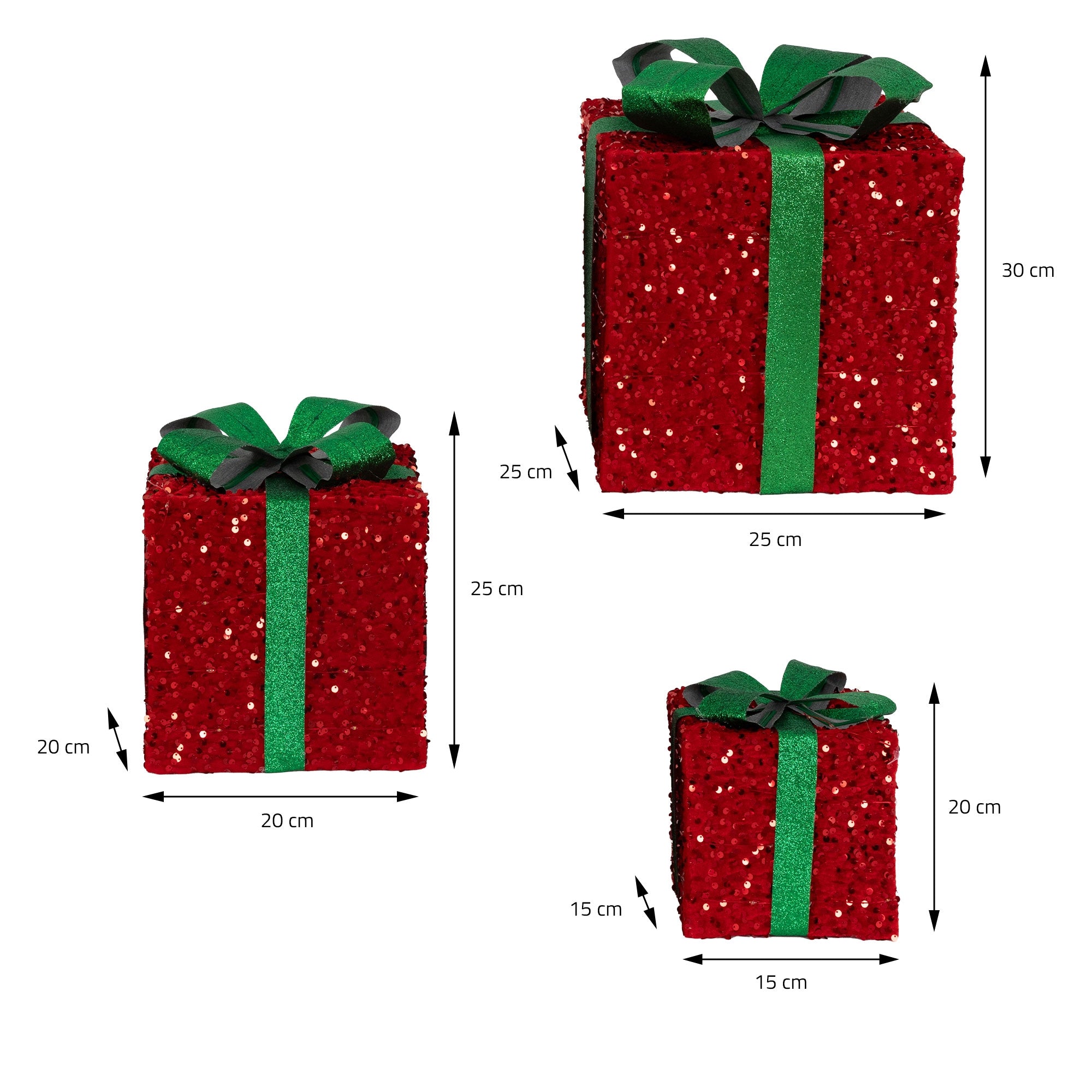 Tres cajas de regalo rojas con lazos verdes en diferentes tamaños.
