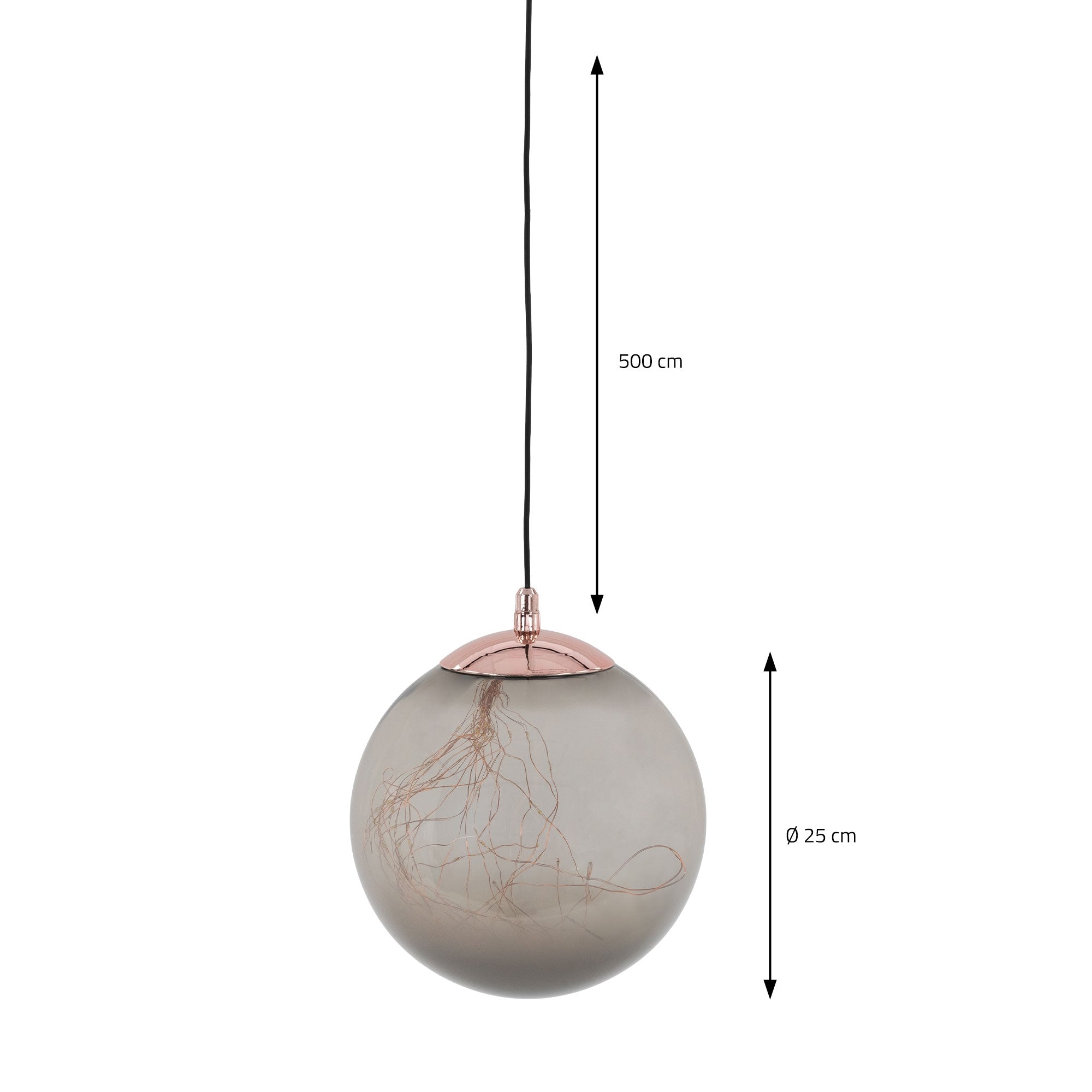 Velká kulatá lampa s jemnými dráty, zavěšená na kabelu.